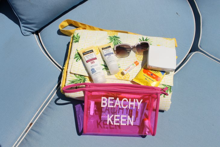 Sunglasses, beach blanket, beach bag, sunscreen
