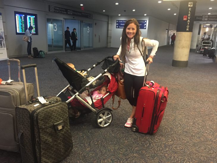 Mom with Luggage and Double Stroller
