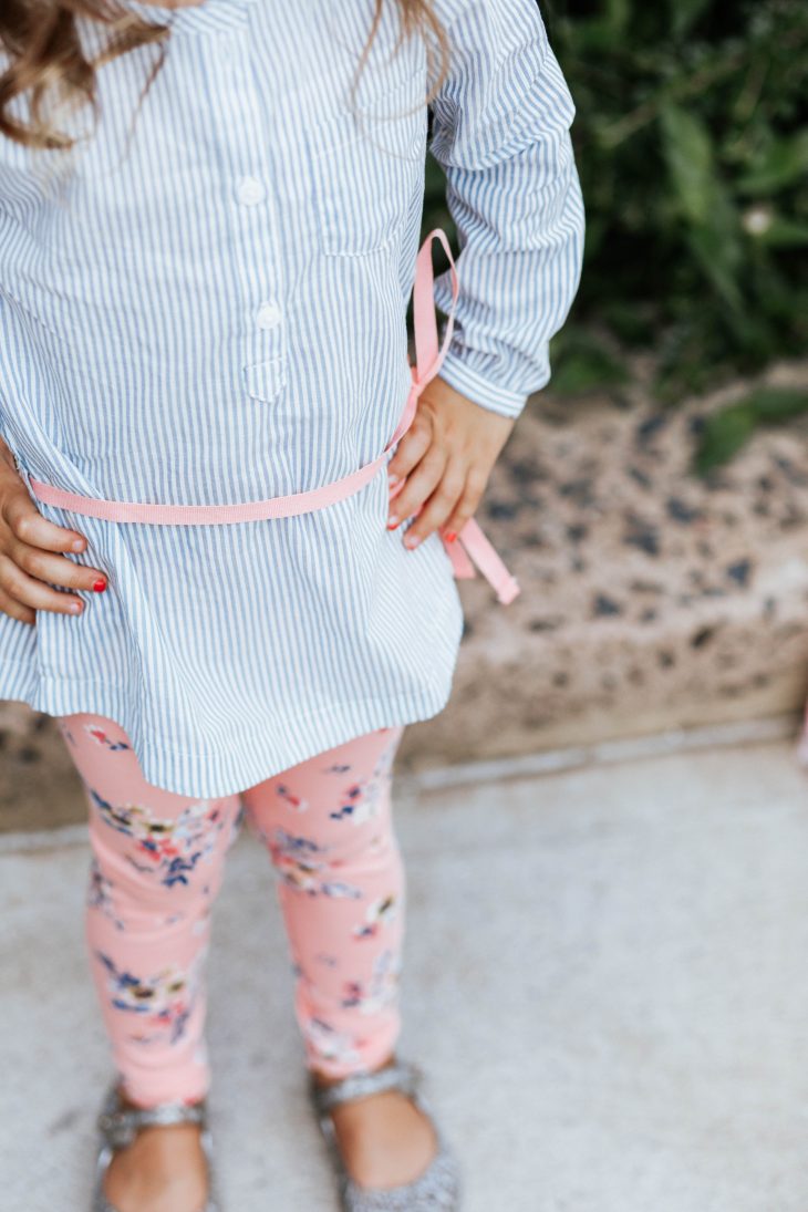 Toddler Blue Stripe Shirt with Pink Ribbon and Pink Floral Leggings