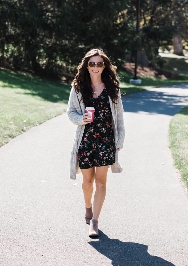 Easy Fall Outfit || Oversized Cardigan + Floral Dress