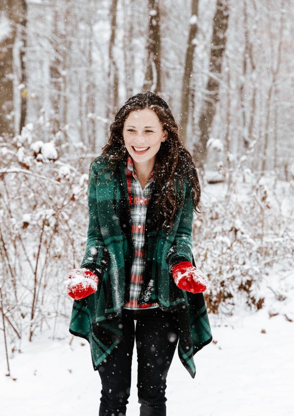 Woman Catching Snow in Green Plaid