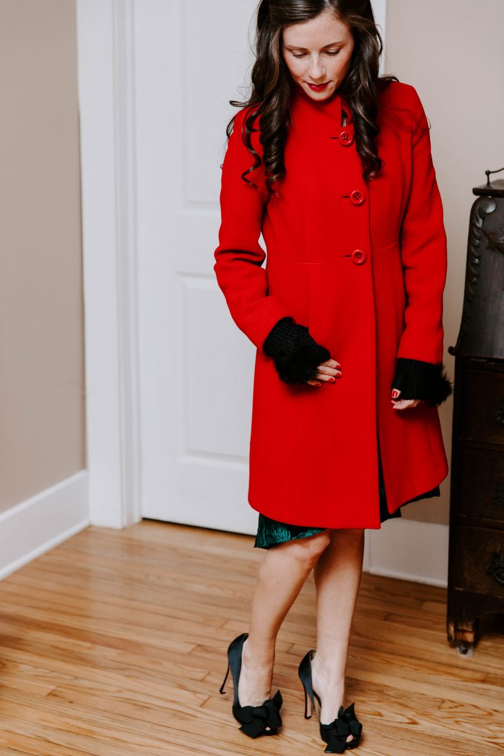 Red Peacoat, Fur Gloves, Bow Pumps