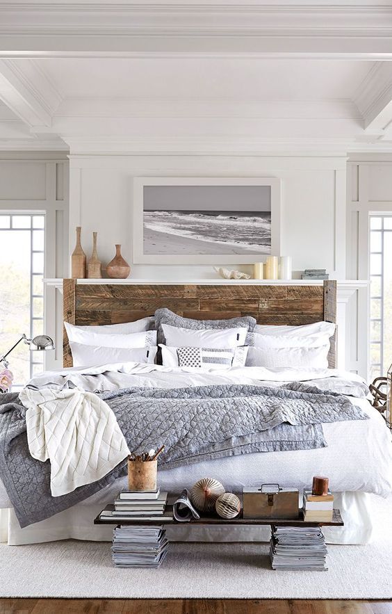 Wooden Headboard and White Bedding