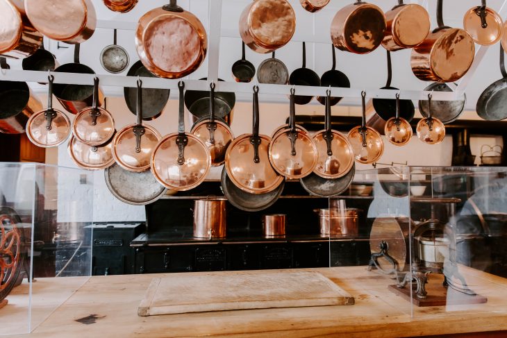 Kitchen in Marble House Copper Pans