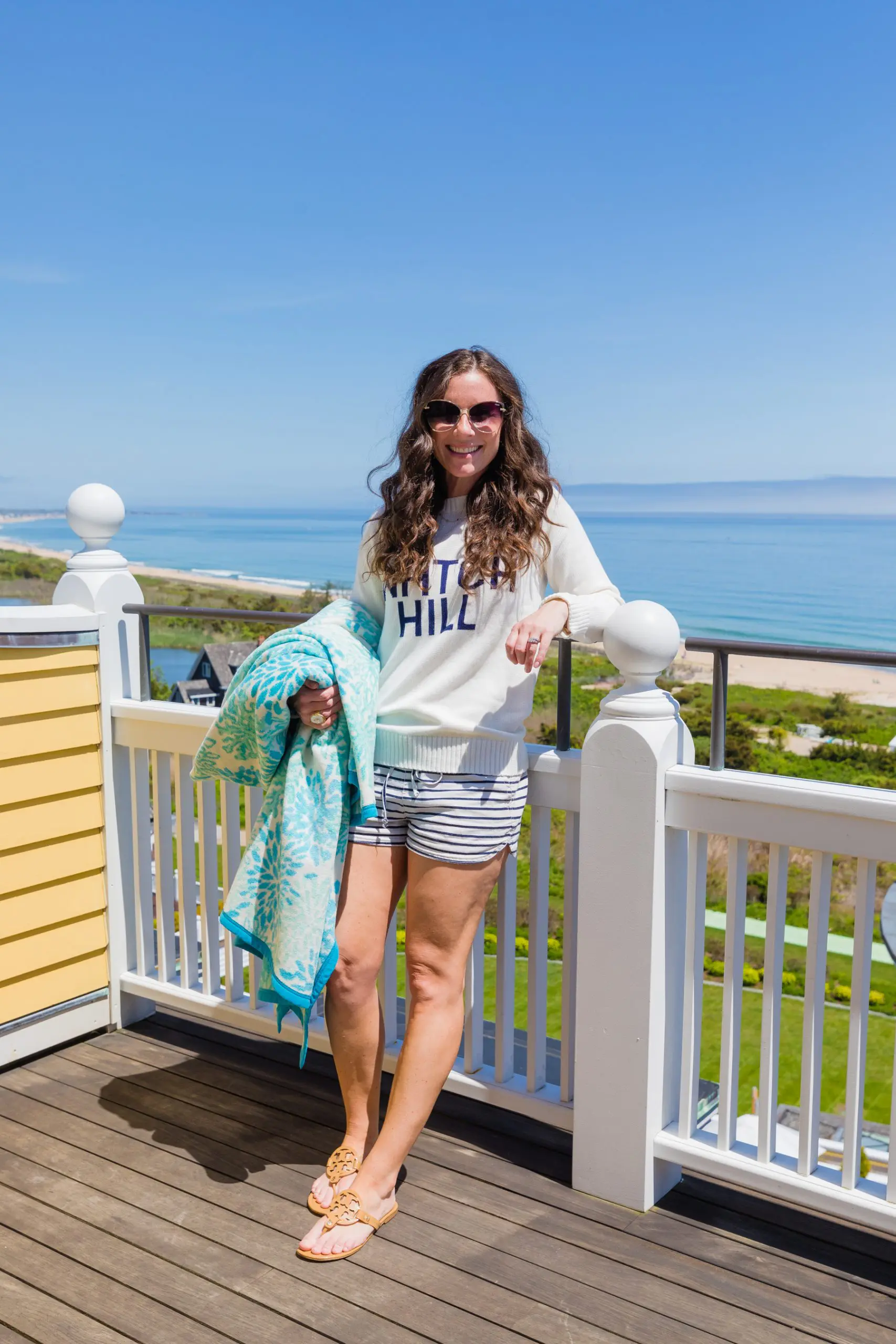 watch hill sweater, striped shorts, chappy wrap and tory burch miller sandals