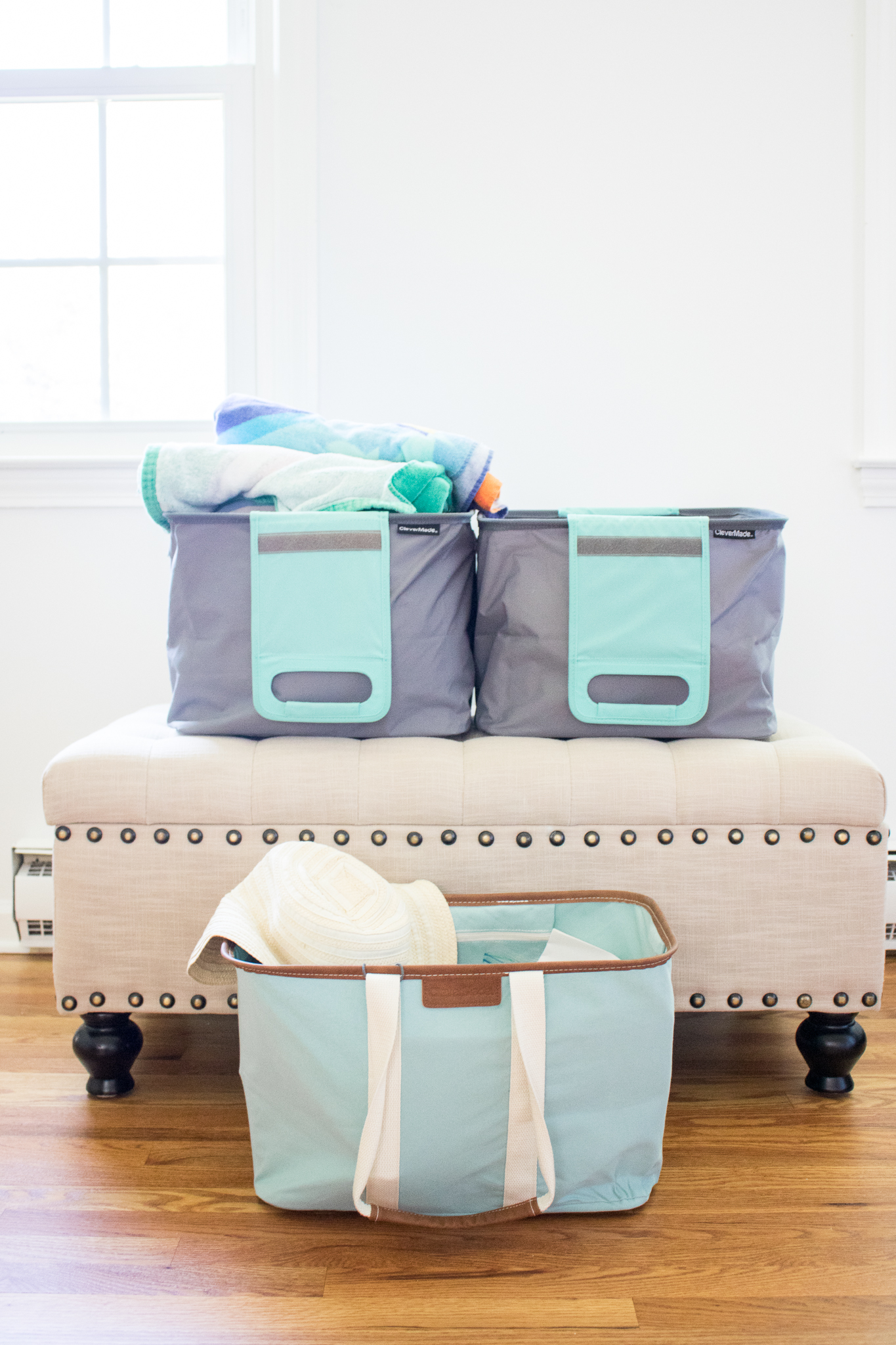 collapsible totes in gray and teal