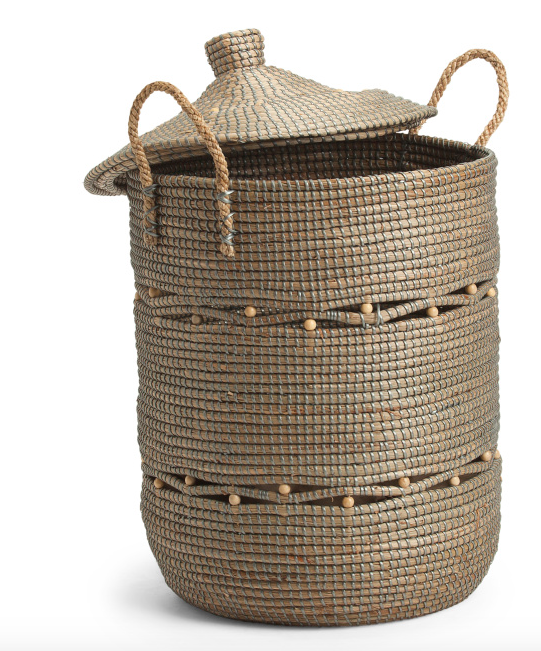 Large Tan and Brown Woven Storage Basket with Lid and Handles