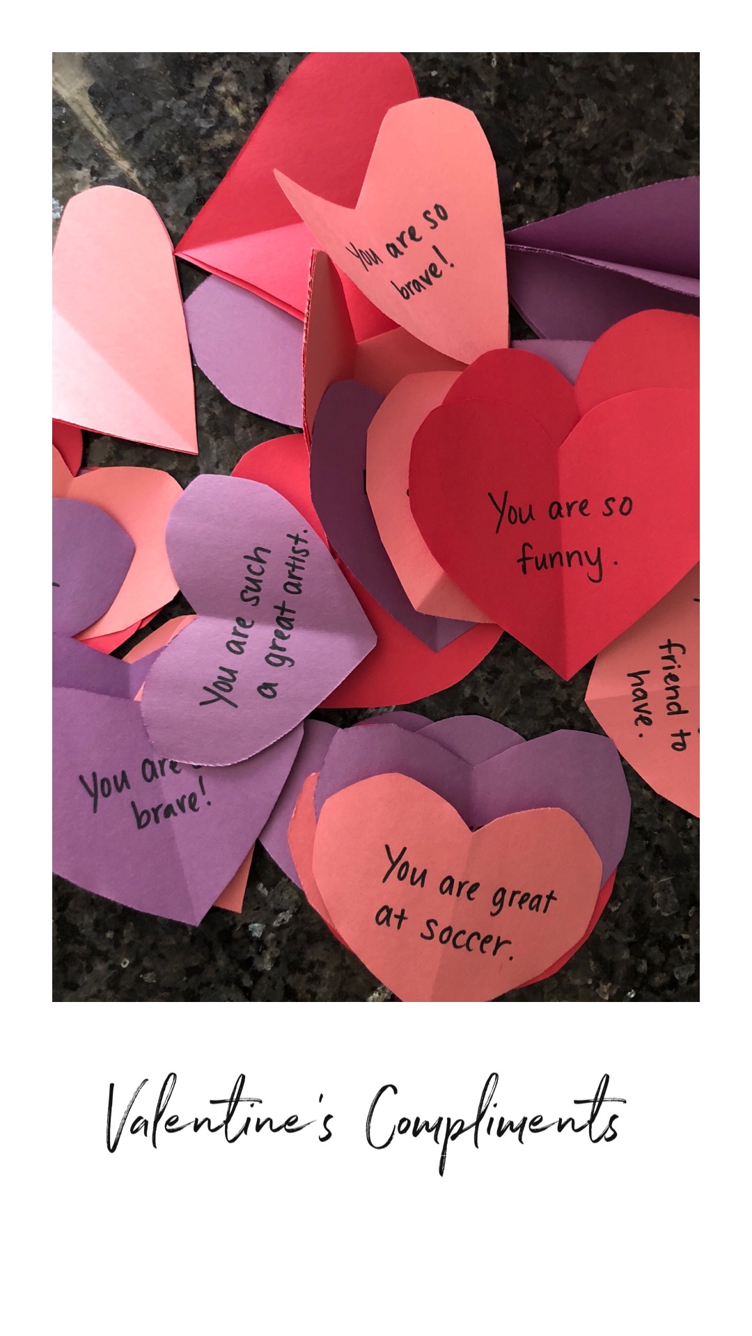Paper hearts with words written on them - compliments for kids for Valentine's Day