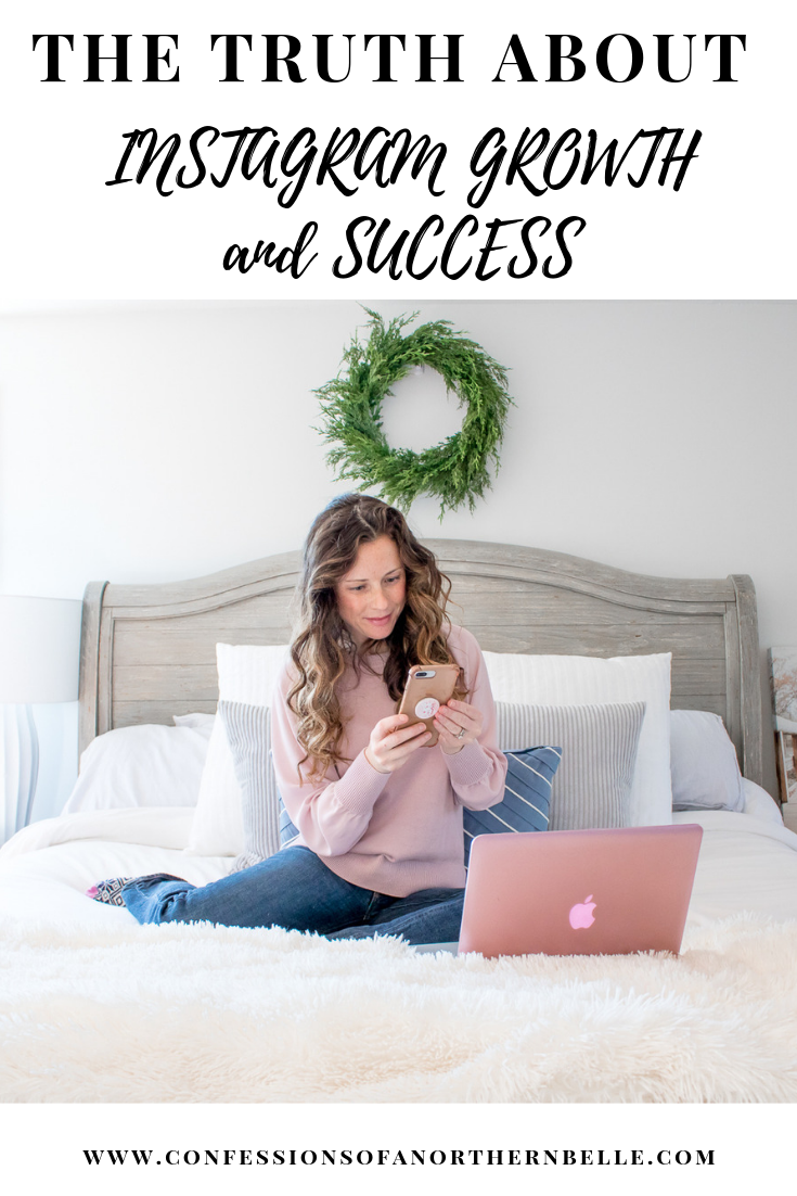 The truth about Instagram growth and success - Woman wearing pink sitting on bed looking at phone 