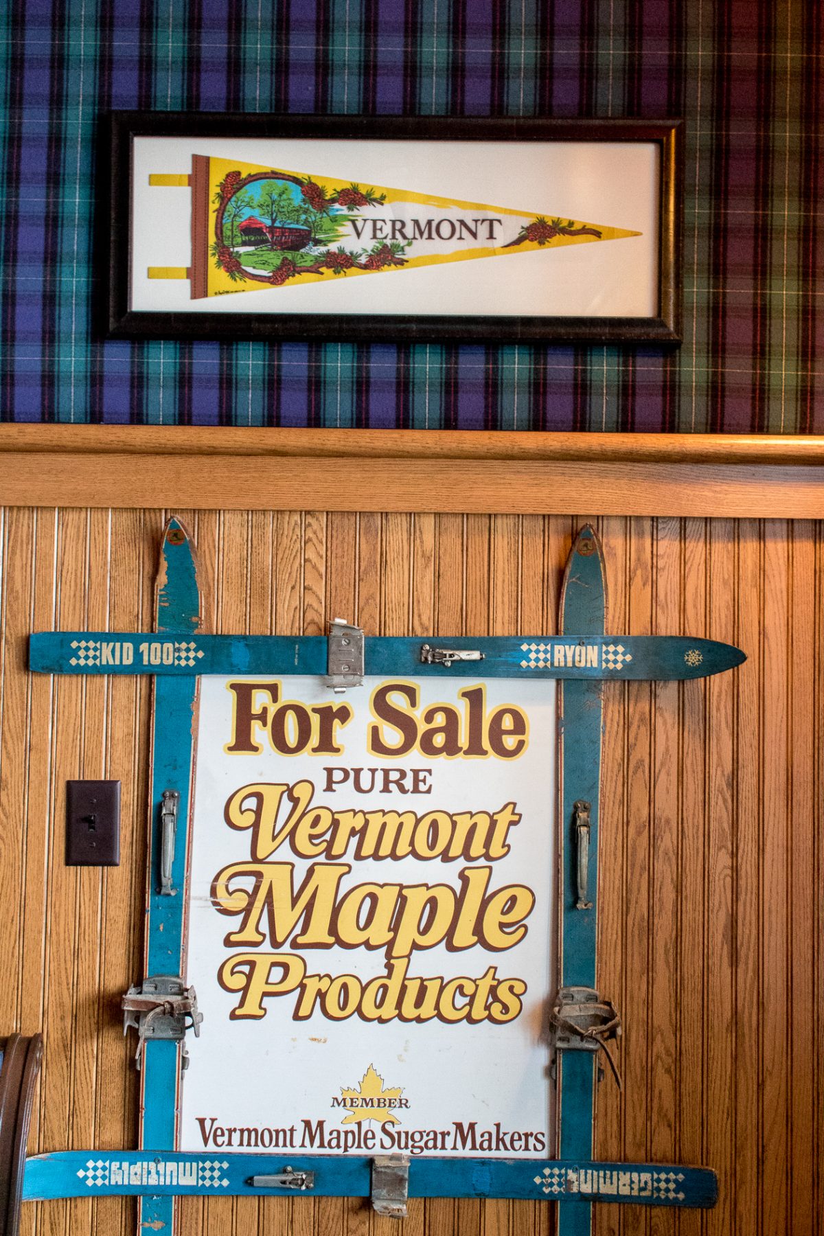 Sign saying For Sale Pure Vermont Maple Products in the Retro Game Room at Woodstock Inn and Resort in Woodstock Vermont