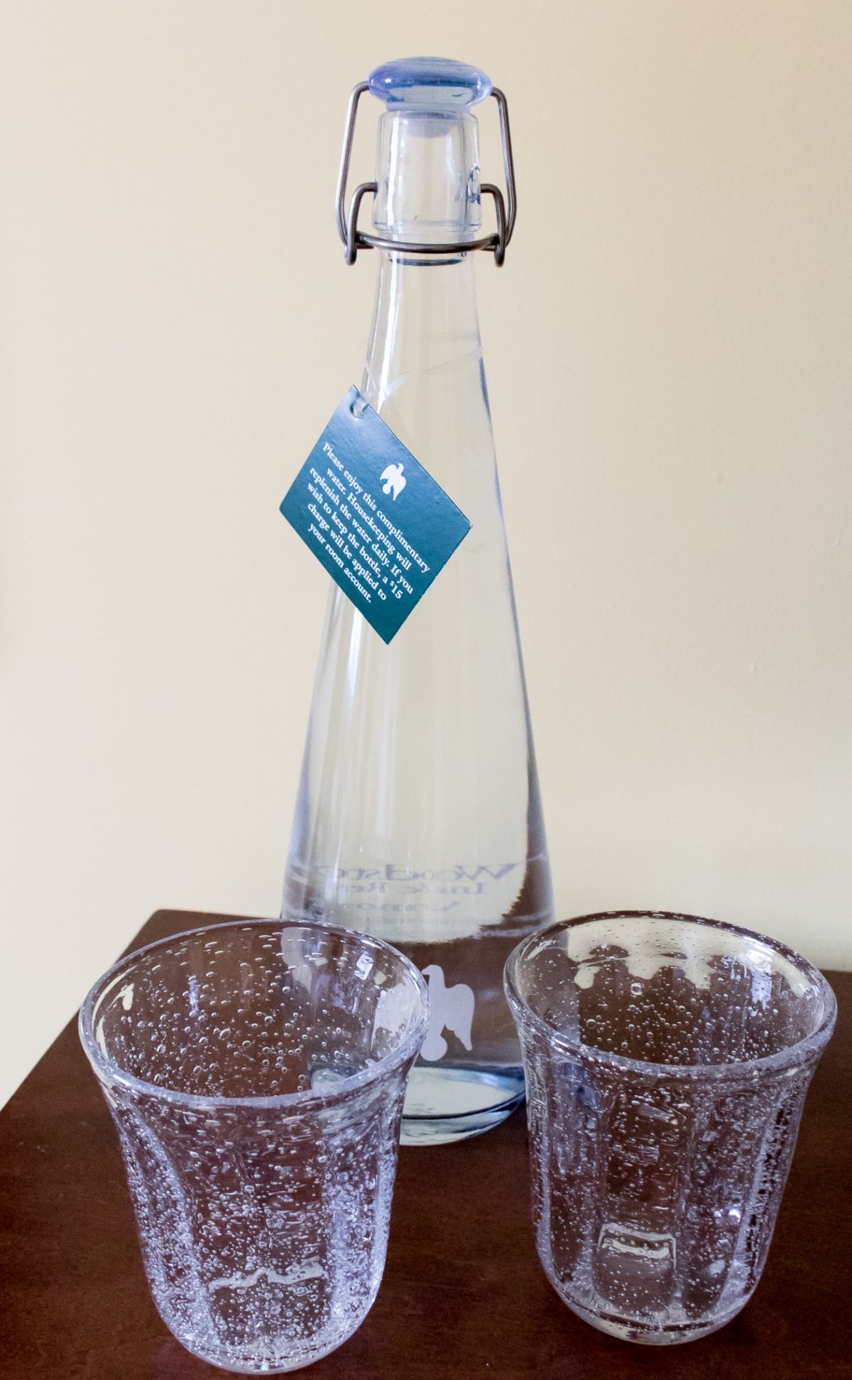Glass Water Bottle and Speckled Glasses at Woodstock Inn and Resort in Woodstock Vermont