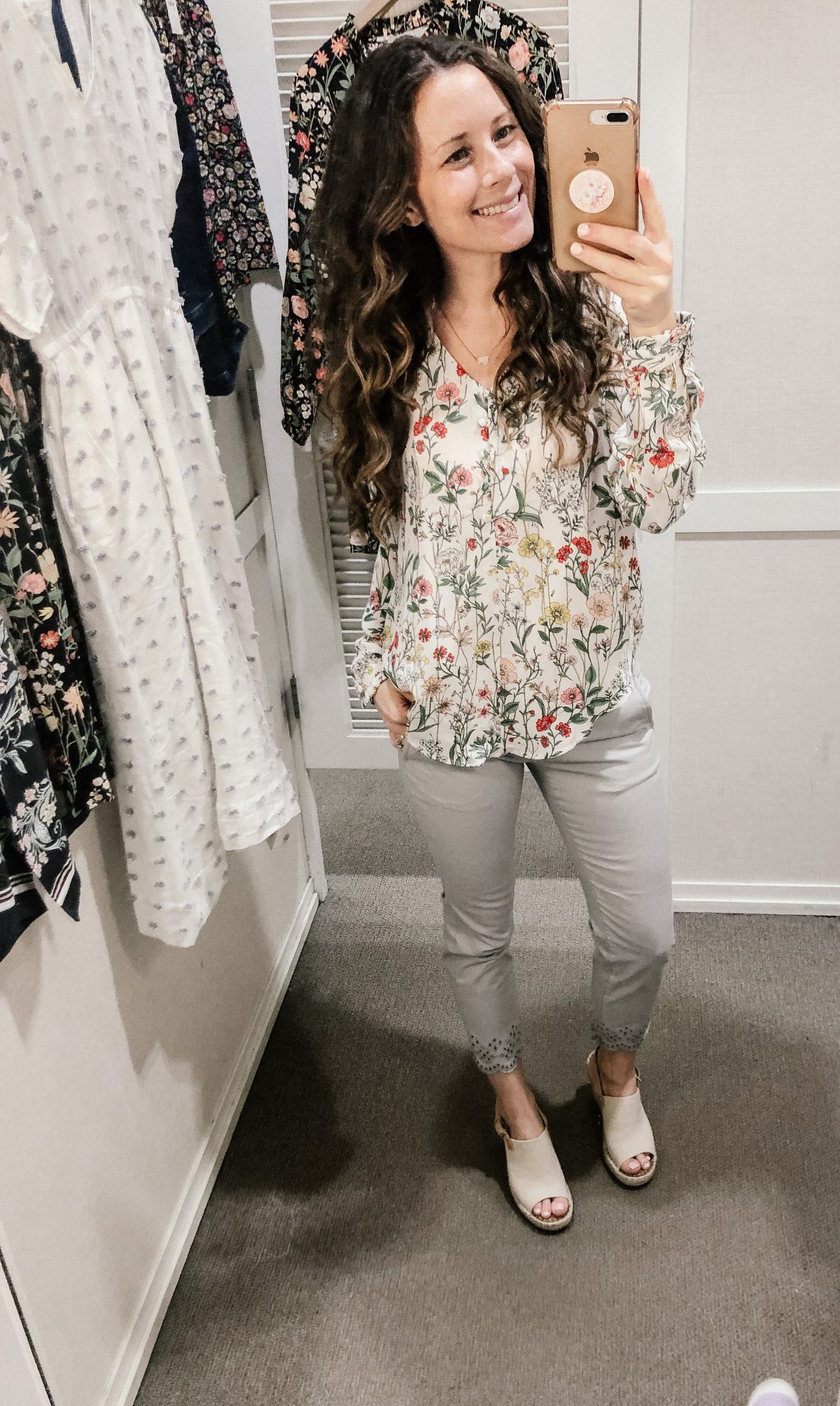 White Floral Long Sleeve Top and Gray Cropped Pants with Eyelet Hem on Woman at LOFT Confessions of a Northern Belle
