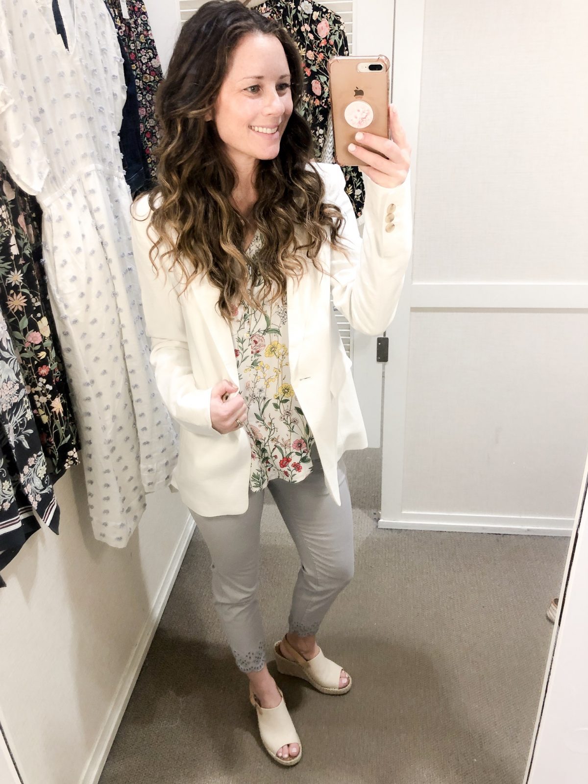 White Blazer over Floral Long Sleeve Top and Gray Cropped Pants with Eyelet Hem on Woman at LOFT Confessions of a Northern Belle