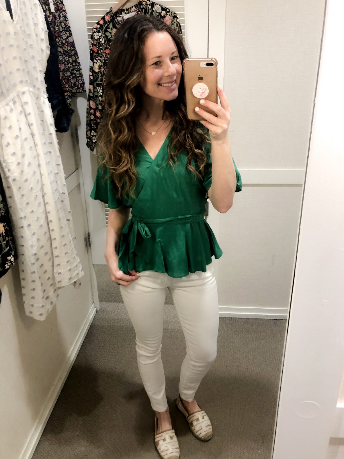 Green Wrap Top with White Cropped Denim and Tan Tory Burch Espadrilles White Floral Flowy Long Sleeve Top and Gray Cropped Pants with Eyelet Hem on Woman at LOFT Confessions of a Northern Belle