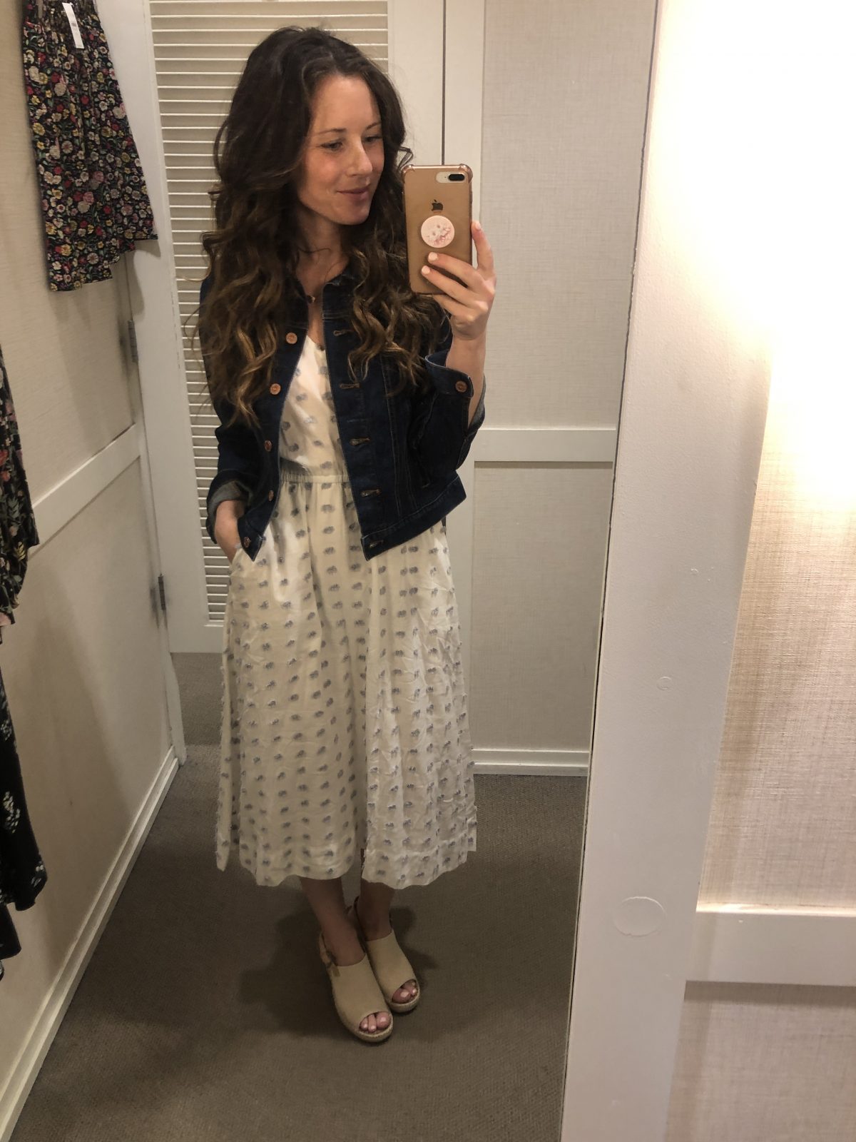 White and blue Patterned Midi Dress with Denim Jacket and Tan Peep Toe Slingback Espadrille on Woman at LOFT Confessions of a Northern Belle