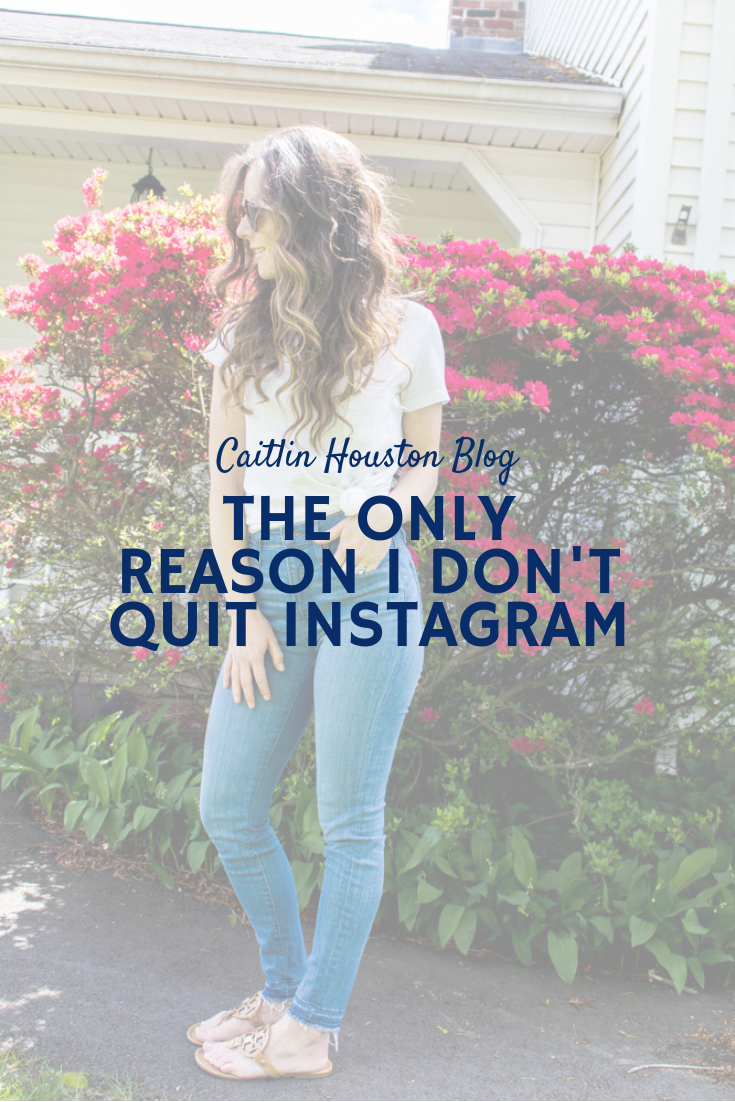woman standing in front of flowers with text overlaying why i dont quit instagram