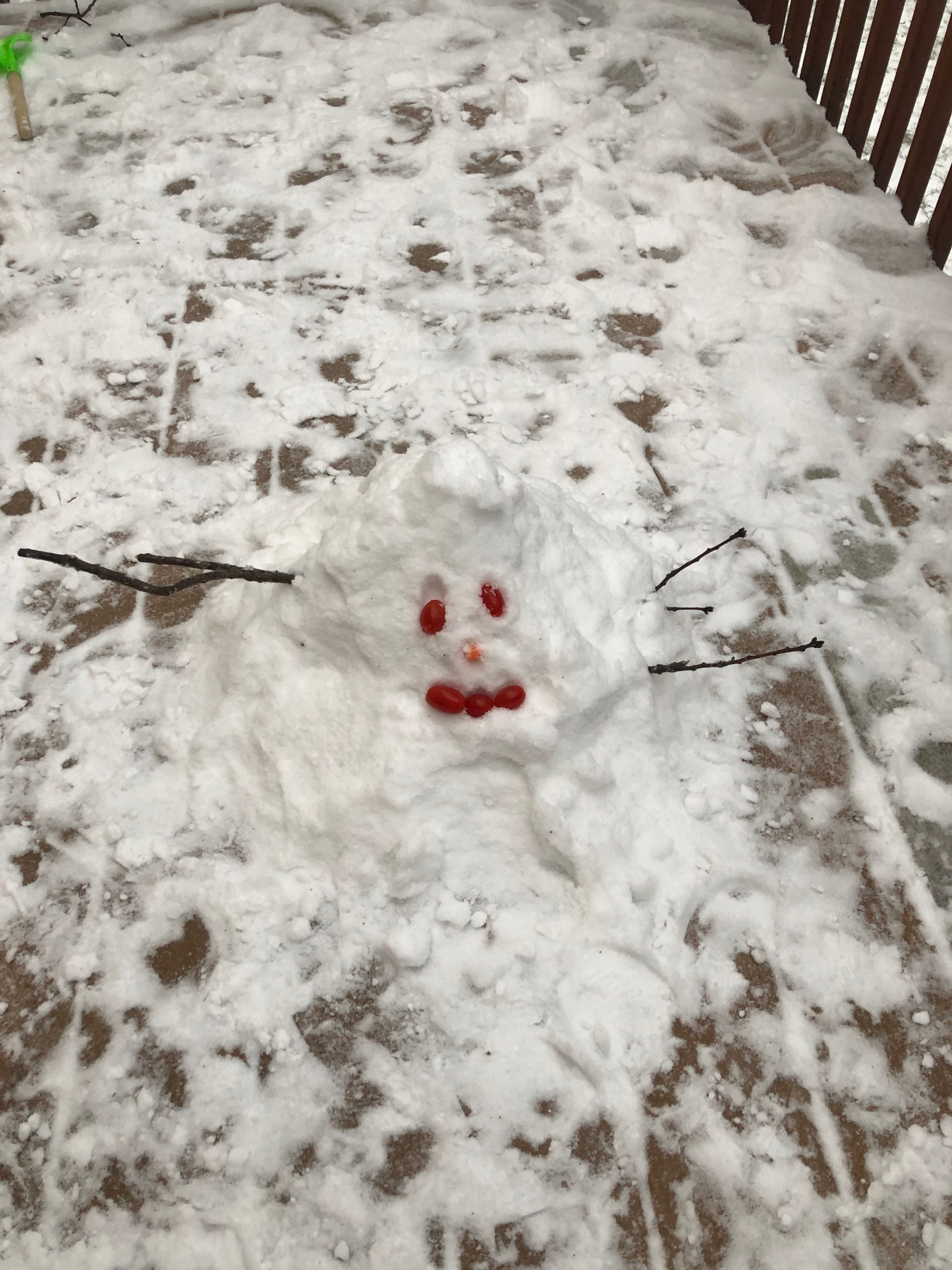 snowman made with vegetable face on deck