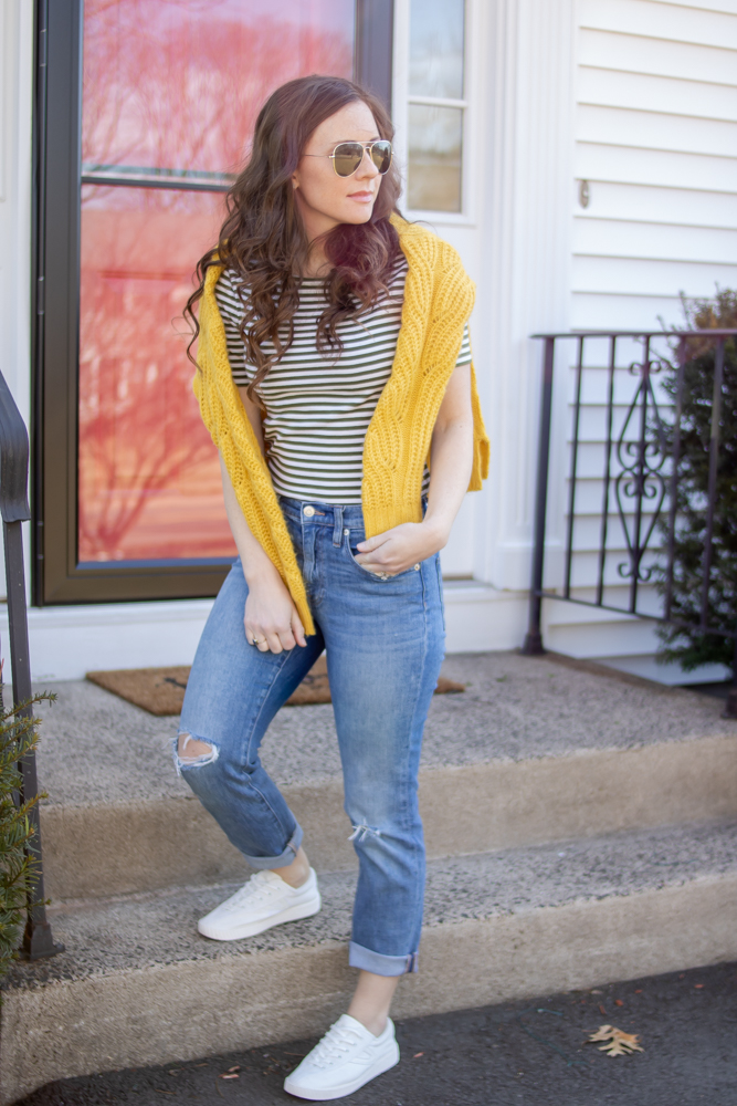 Boyfriend Jeans, Striped Shirt, Yellow Sweater, and Tretorn Sneakers 