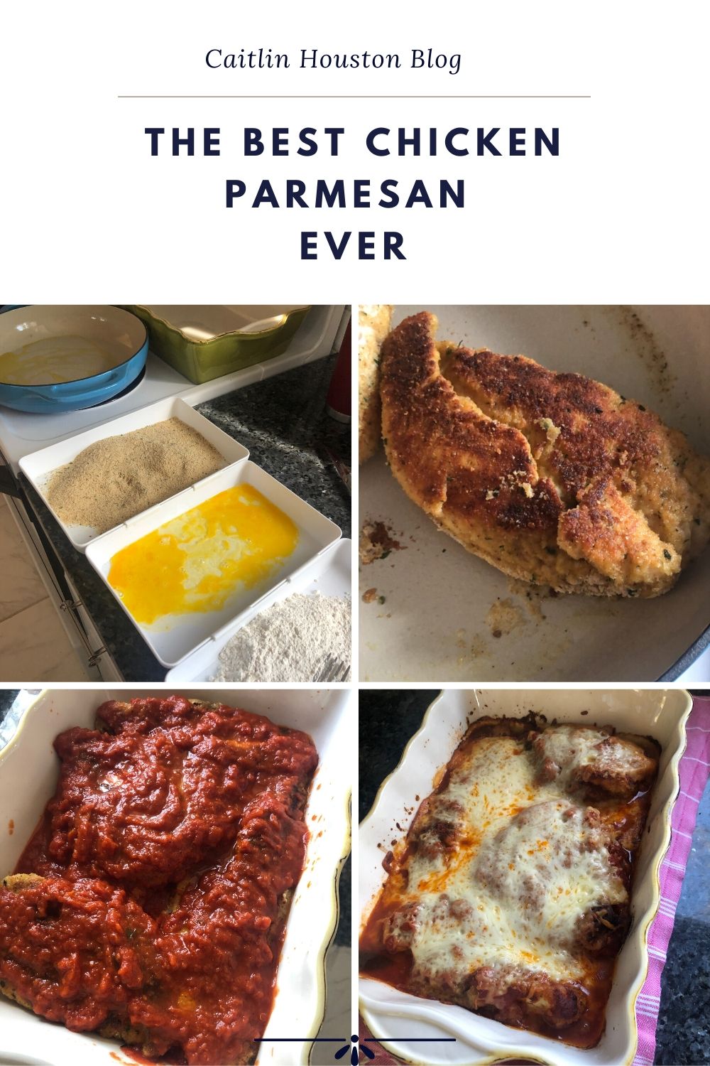 visual steps for making chicken parmesan, breading, cooking in oil, covered in sauce, and the cheese covered baked chicken