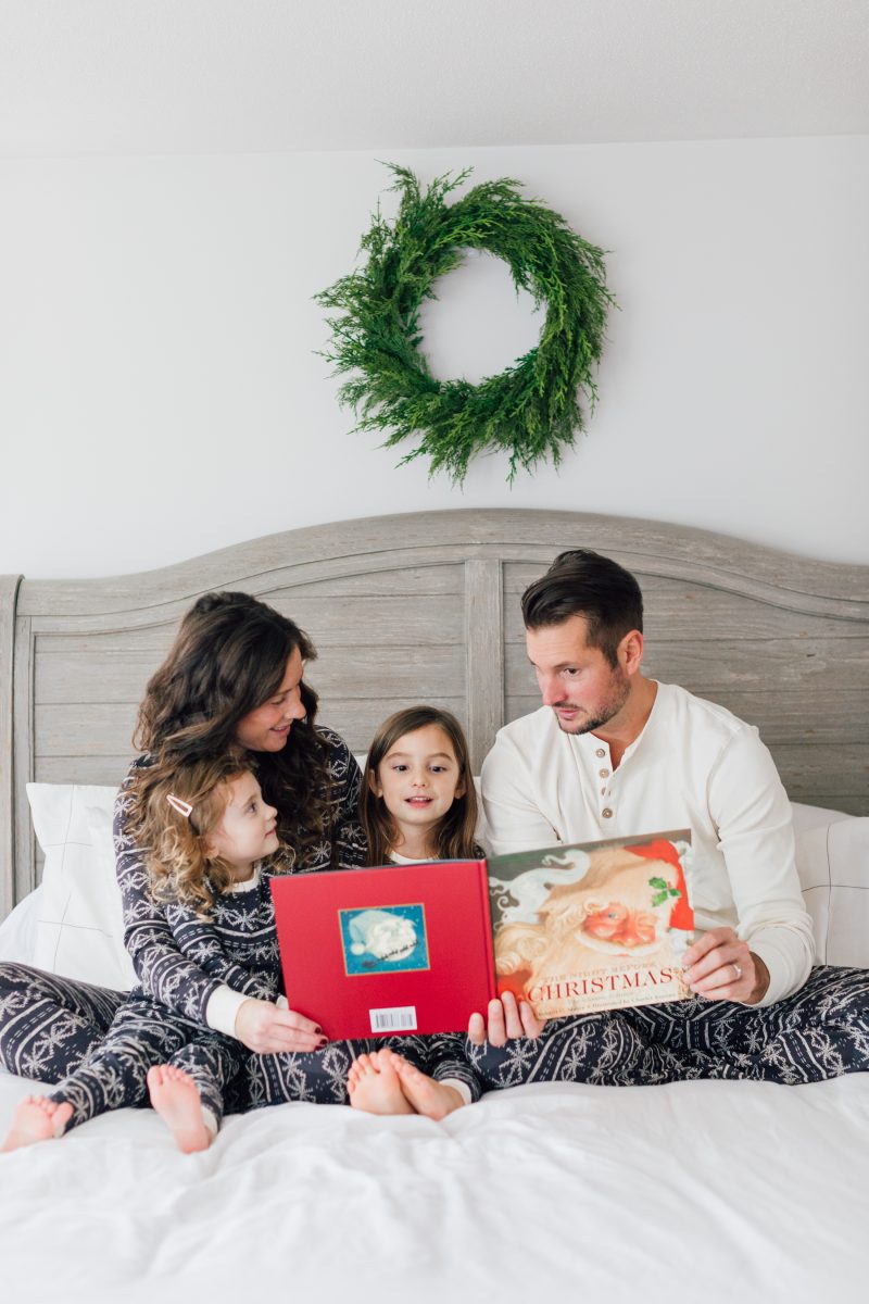family wearing snowflake pajamas for holiday card