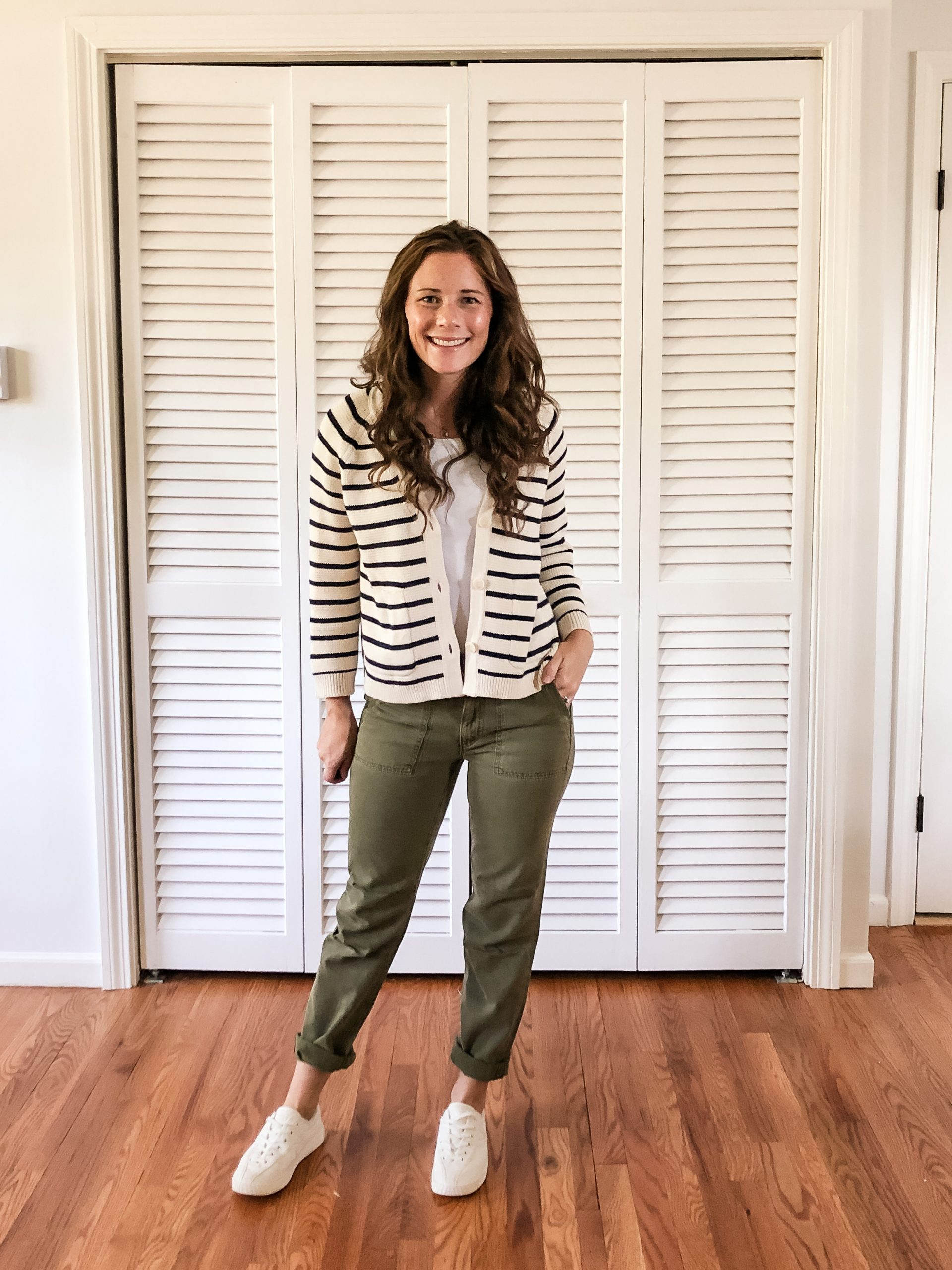 Striped V Neck Cardigan from JCrew with Olive Utility Pants Early Fall Outfit