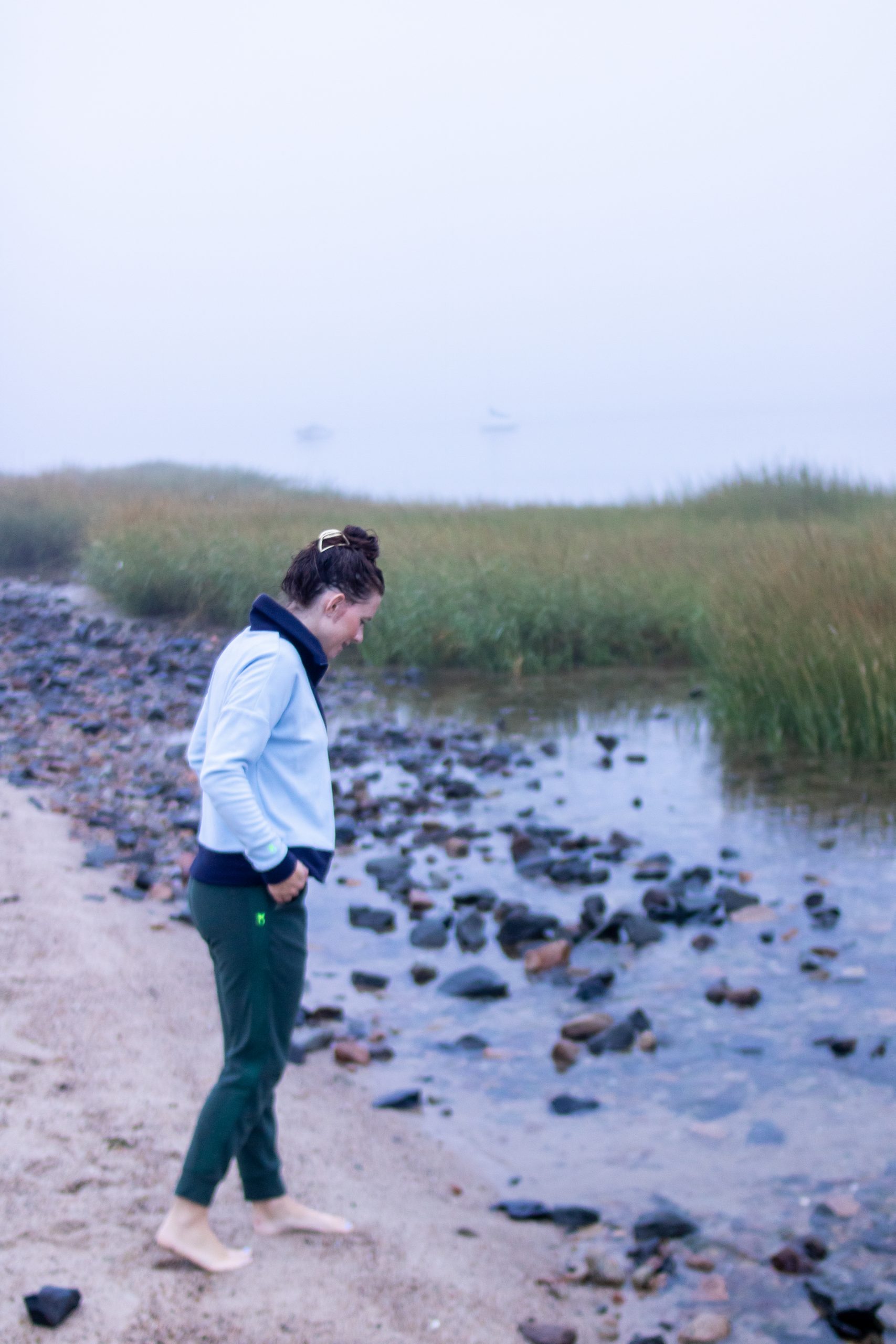 woman wearing fall style dudley stephens at Private Beach at Ocean Edge Resort in Cape Cod