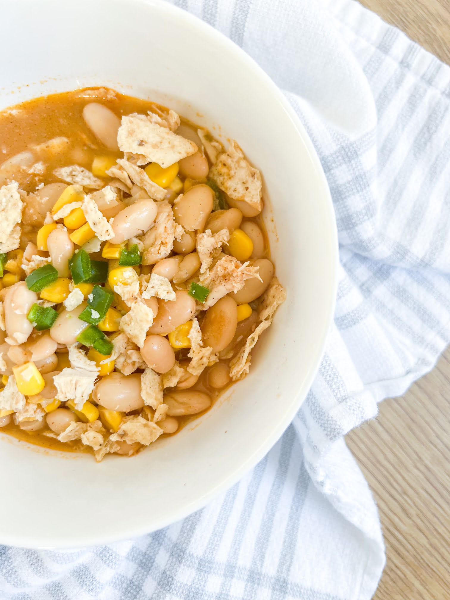 White Bean, Corn, and Chicken Chili with tortilla crumbles