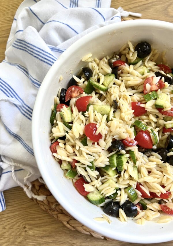 Easy Orzo Pasta Salad with Cucumbers, Tomatoes and Black Olives