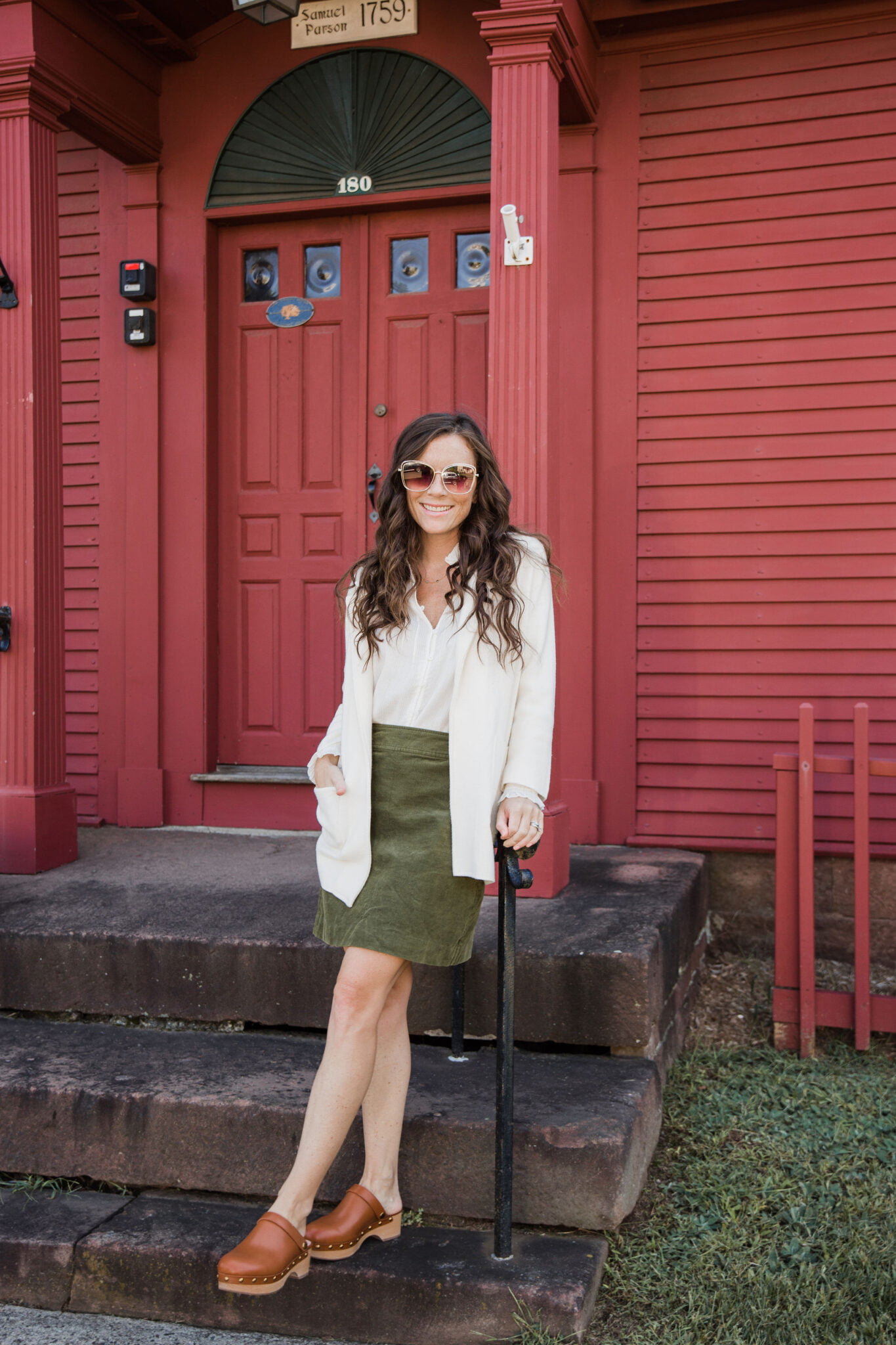 Fall sweater blazer corduroy skirt and clogs fall outfit inspo