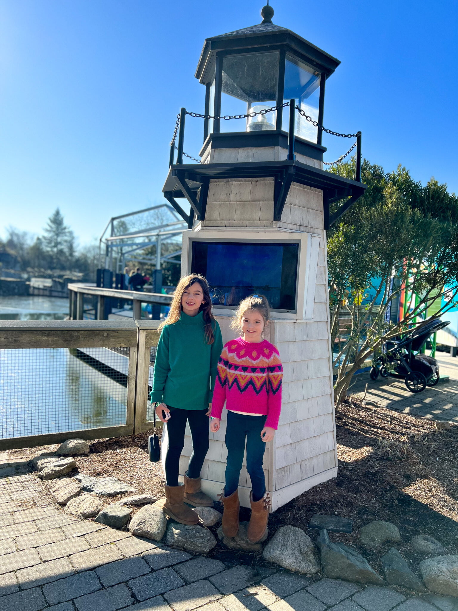 Little Girls in front of Lighthouse at Mystic Aquarium