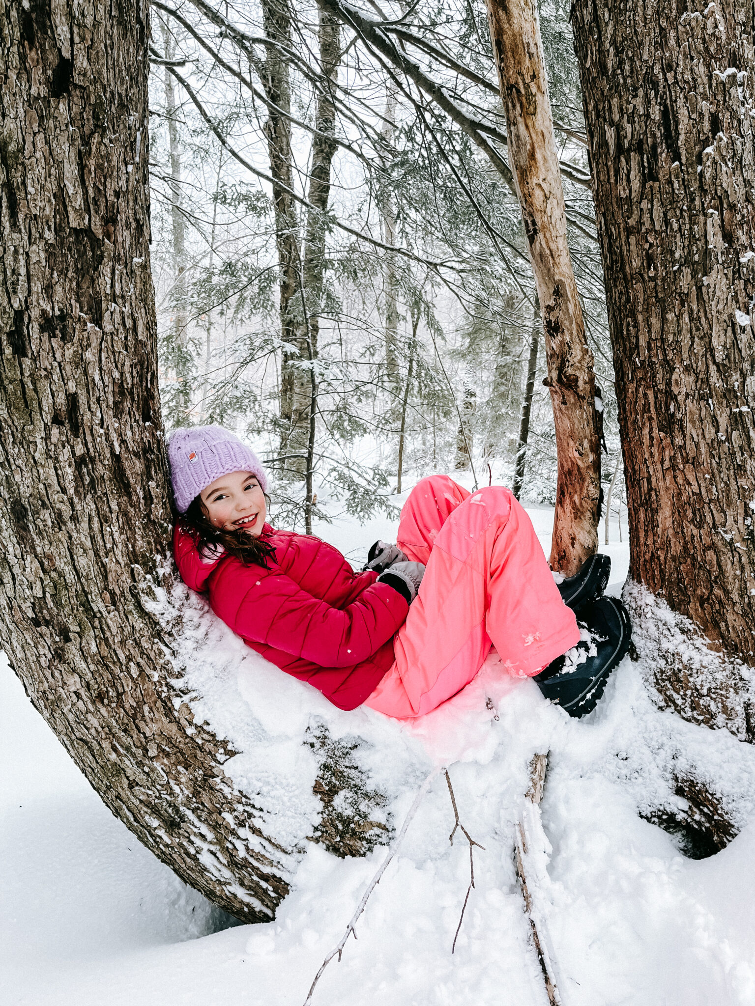 little girl sitting in tree in snow berkshires