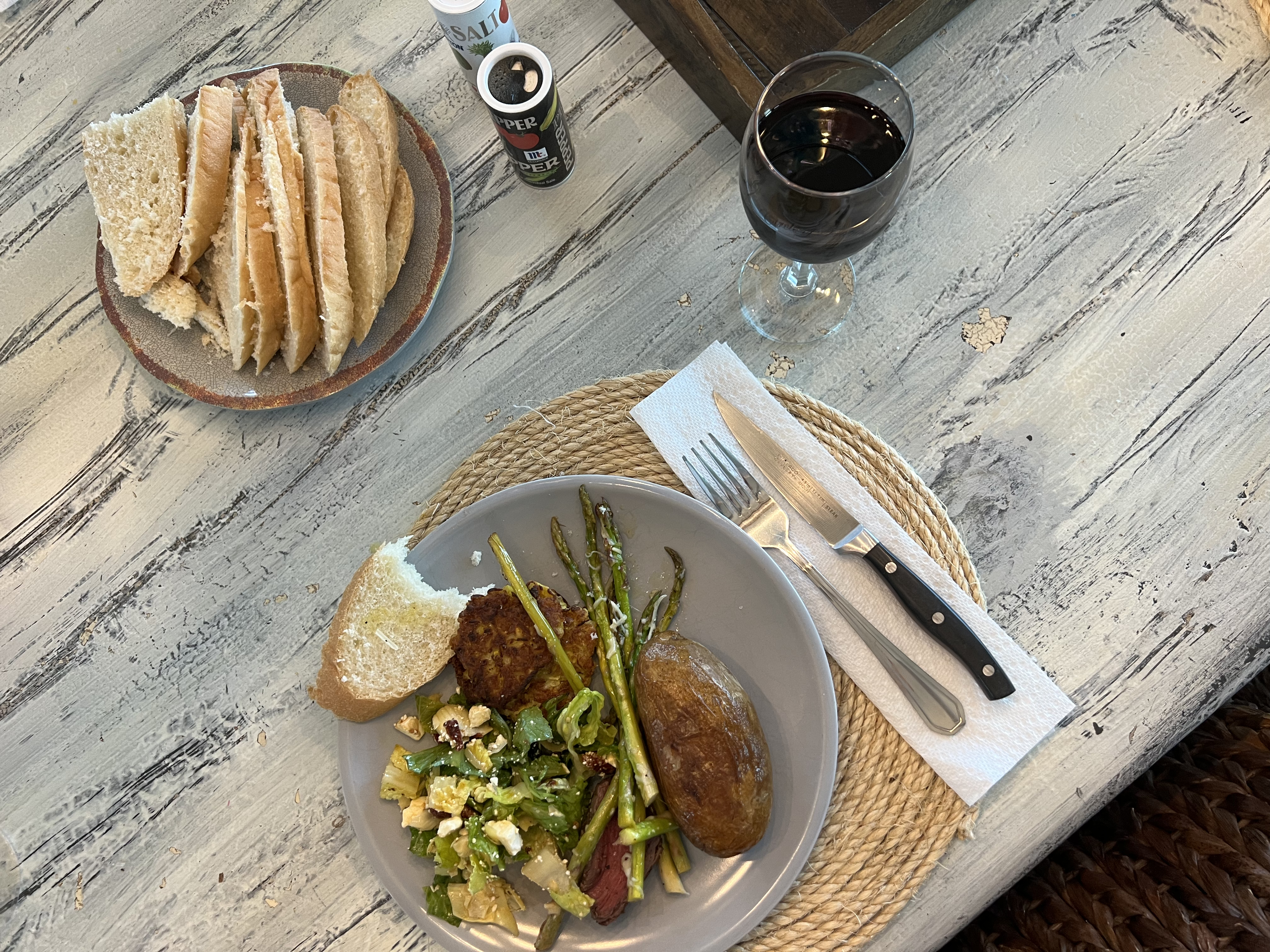 Steak Zucchini Fritter Baked Potato Dinner Idea for Large Family Vacation