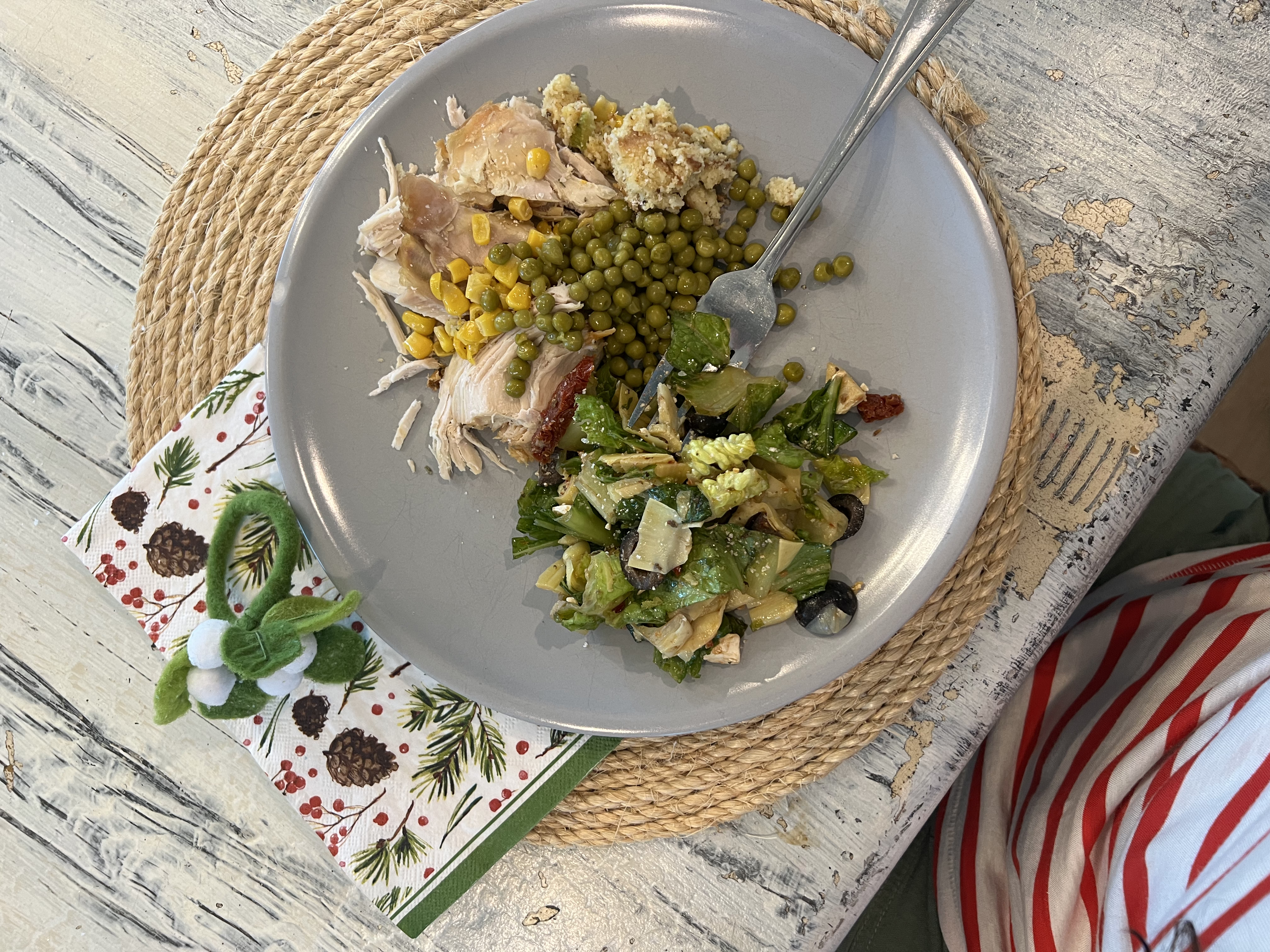 Thanksgiving in July dinner idea for family vacation - turkey peas corn cranberries stuffing and salad