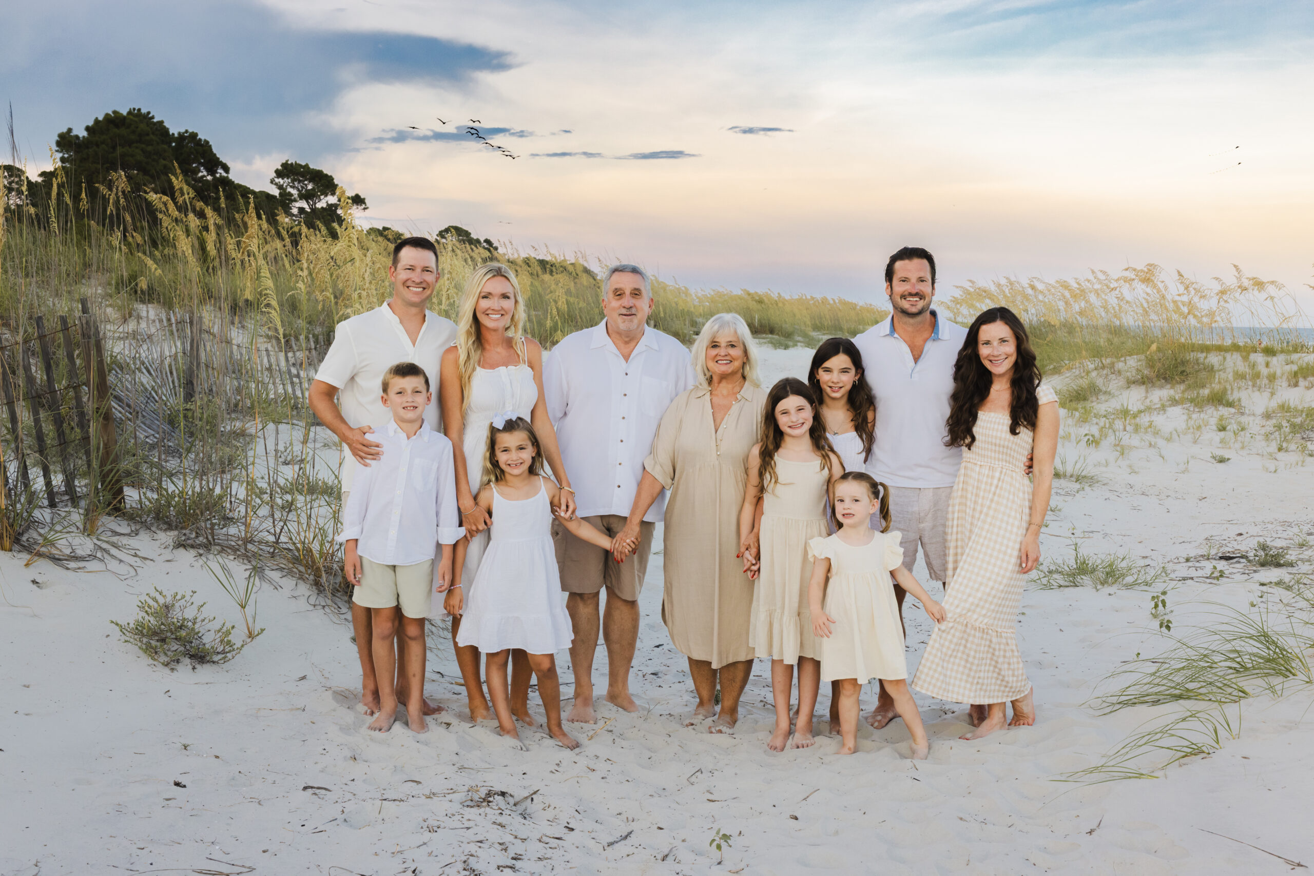 Hilton Head Extended Family Group Photo on Beach wearing white and tan