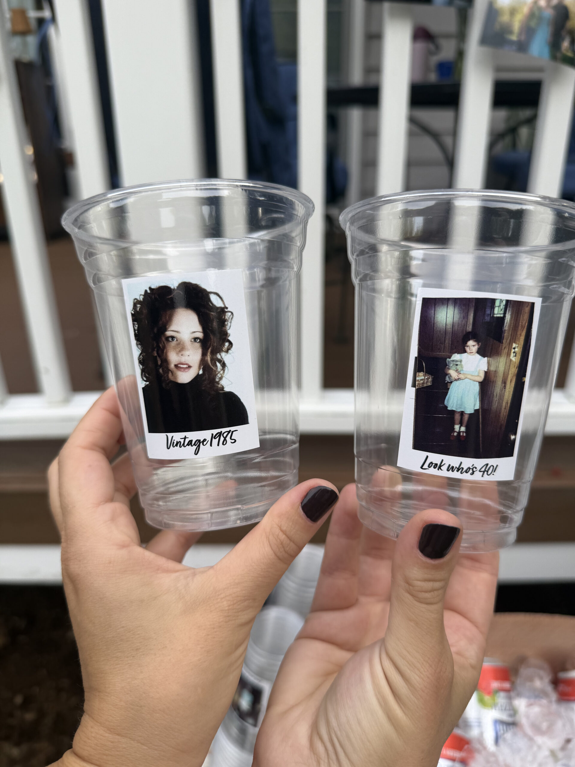 high school photo and childhood photo stickers on clear plastic cup for 40th birthday party