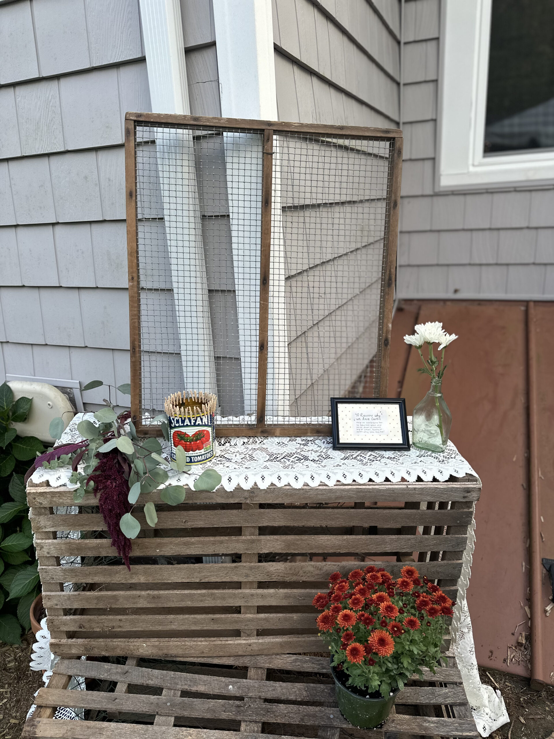 Write something for the 40th birthday girl with grated window and clothes pins to clip message