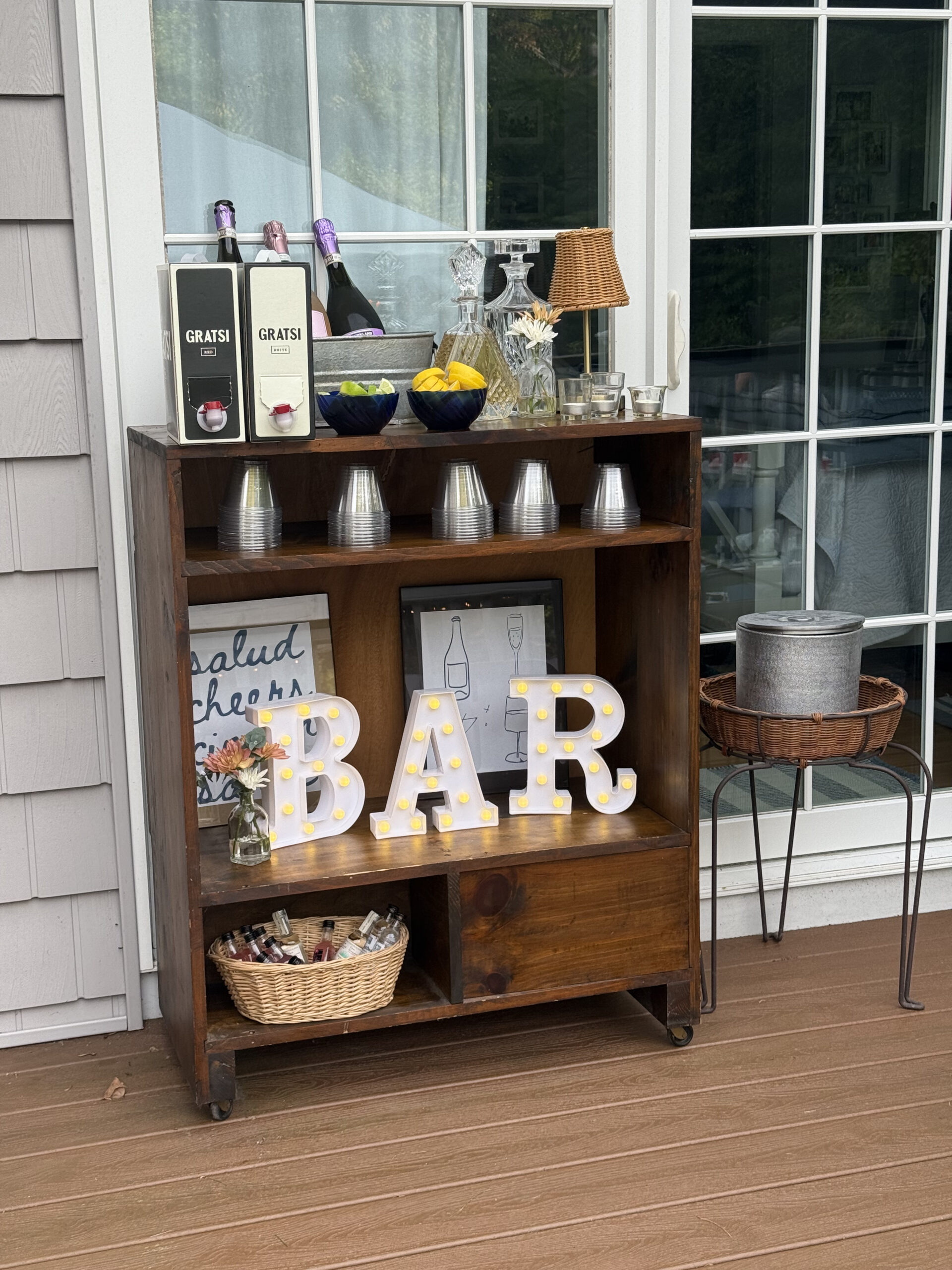 40th Backyard Party Homemade Bar with light up signs
