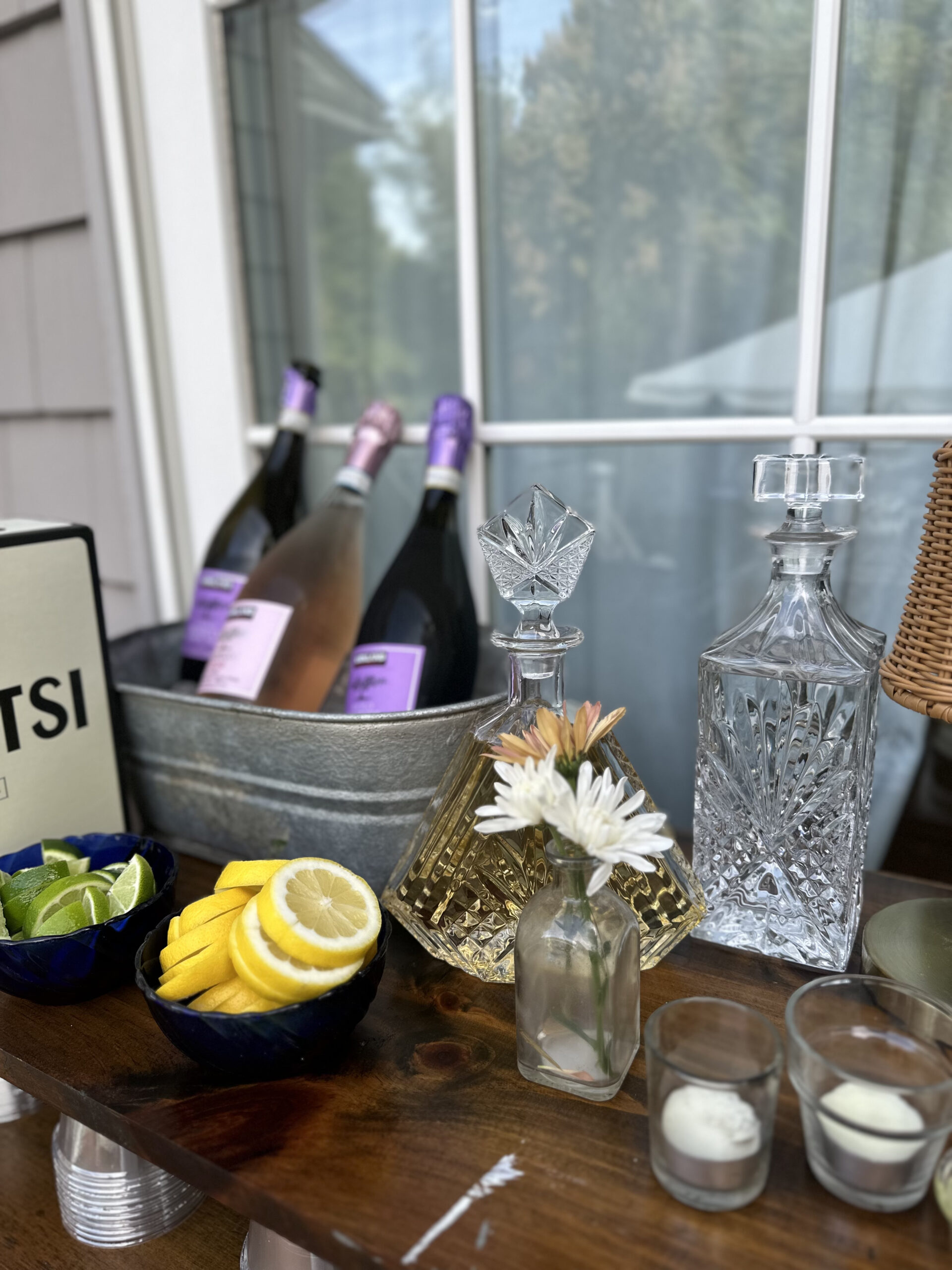 40th Backyard Party Prosecco and Crystal Decanters Homemade Bar