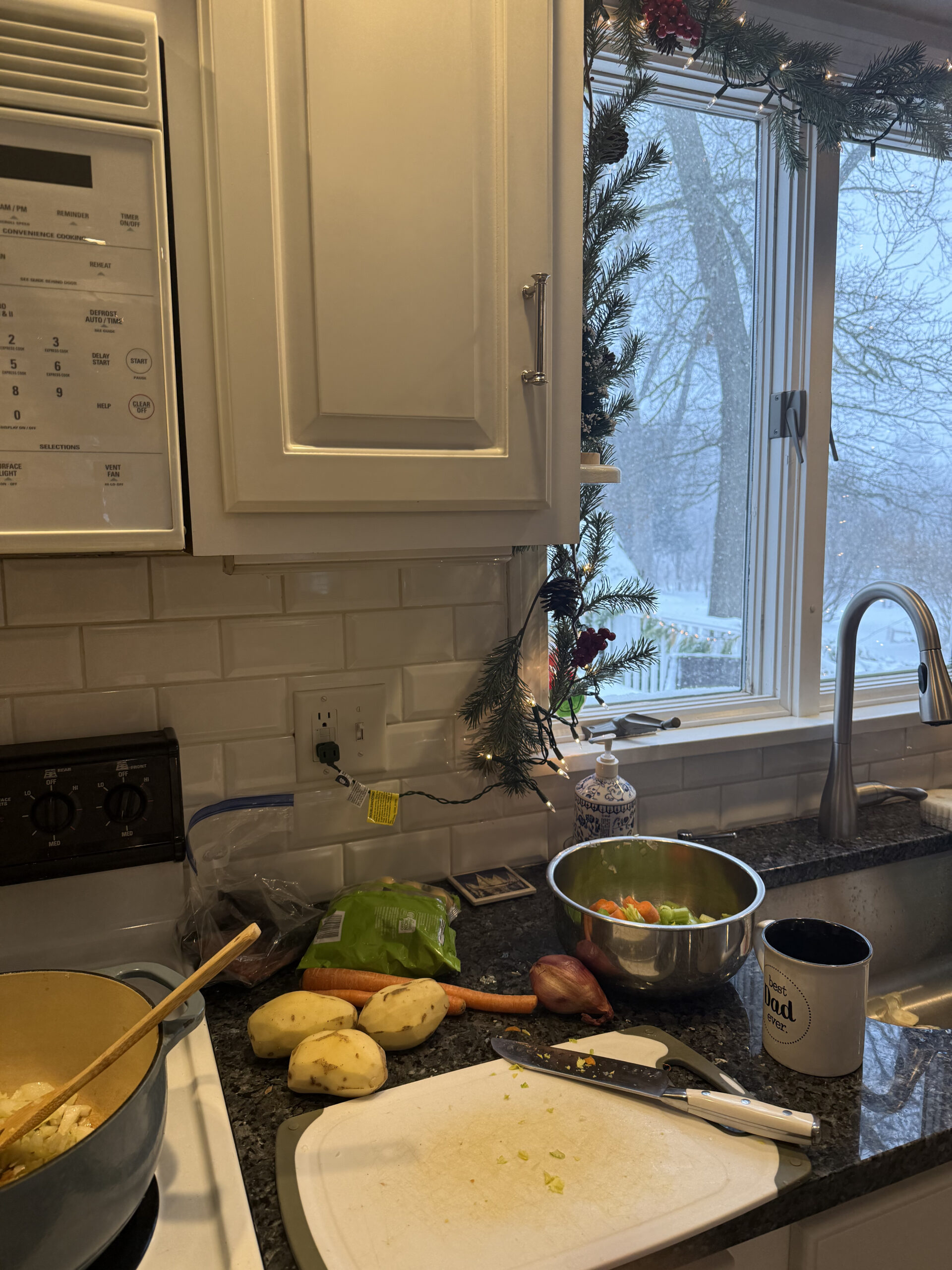 cooking soup at the counter with snowstorm out the window