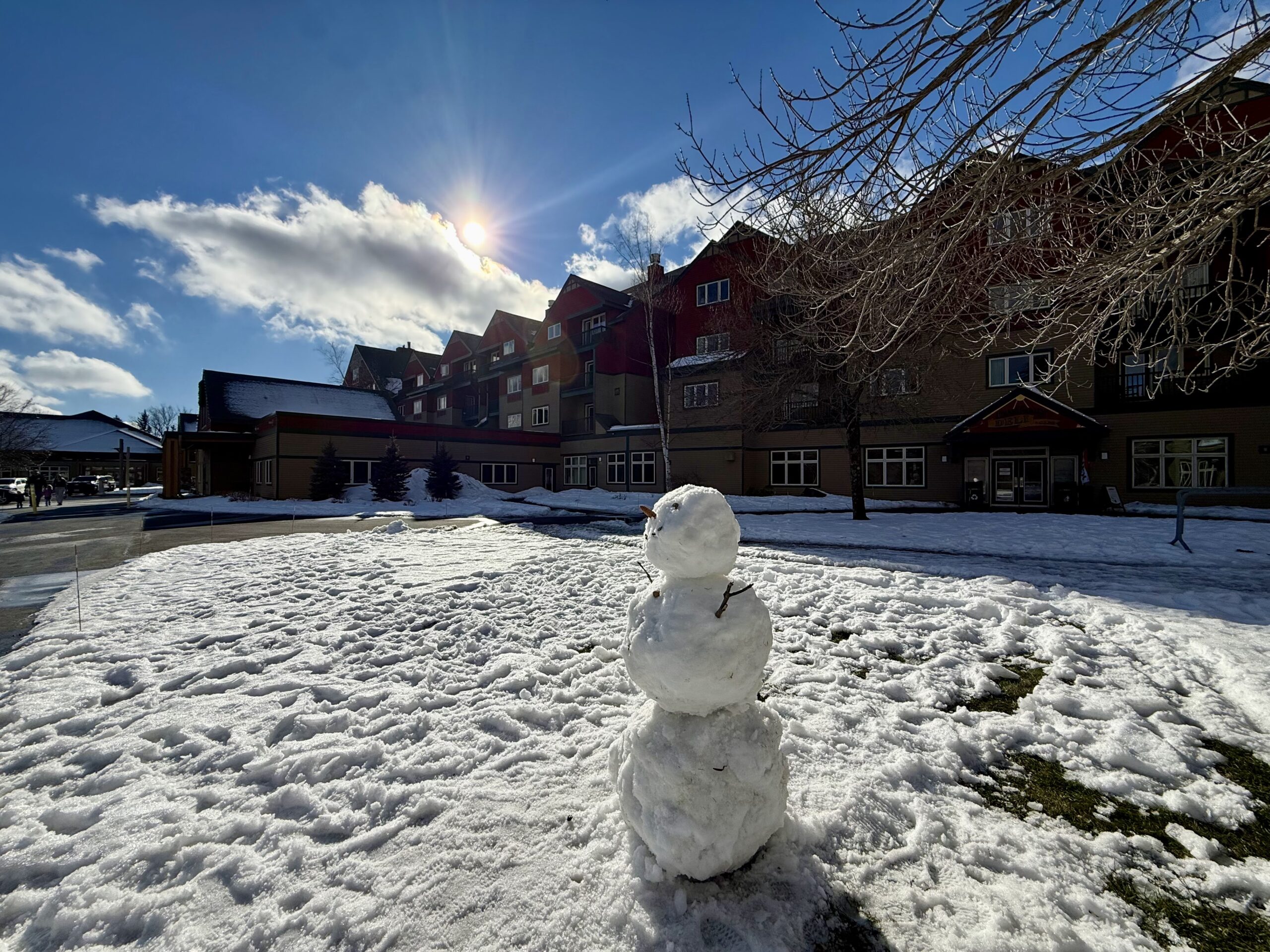 Homemade Snowman outside of Grand Summit Resort Mount Snow West Dover Vermont