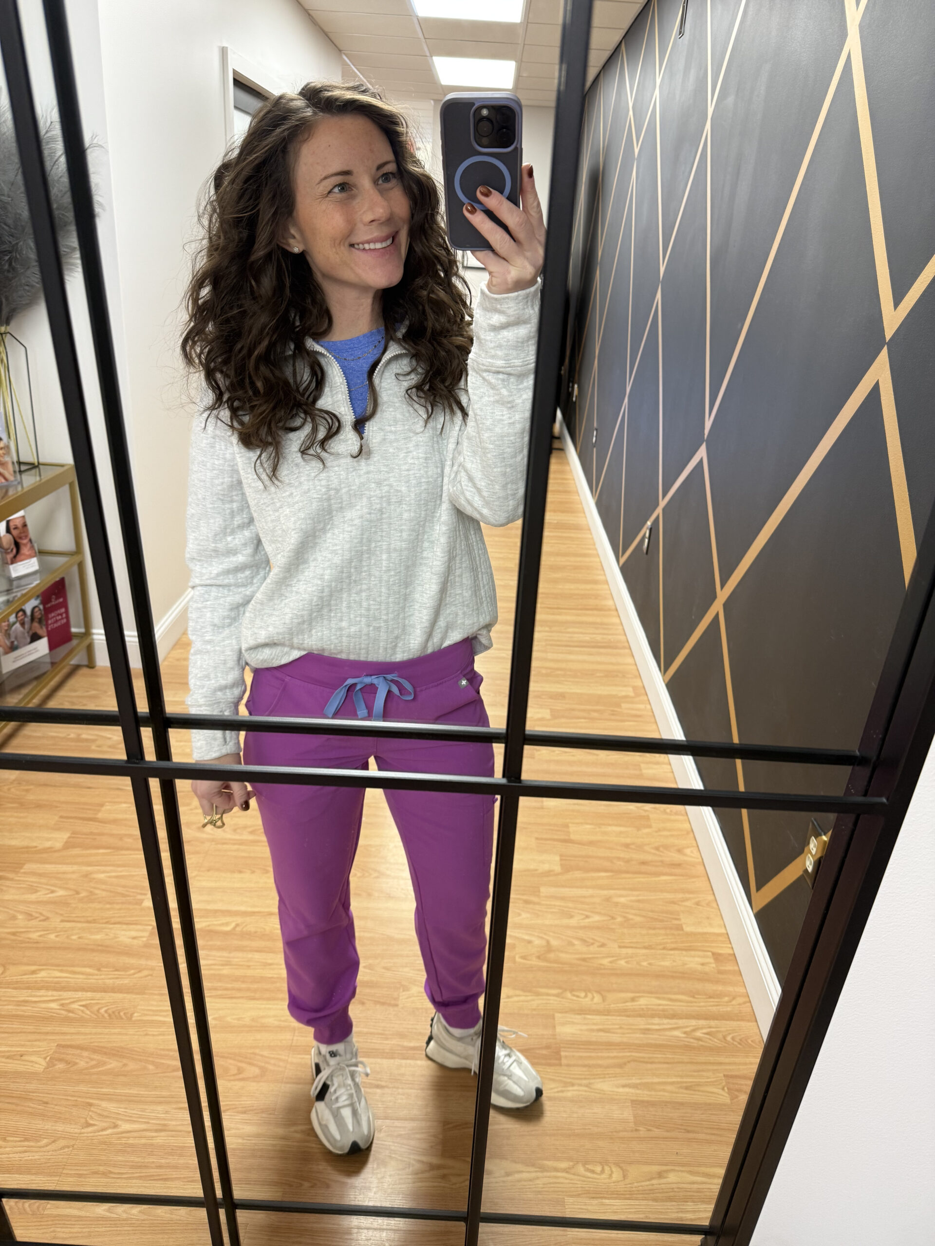 Pink Figs Joggers and Blue Fitted Long sleeve Figs undershirt with Vineyard Vines Quilted Pullover