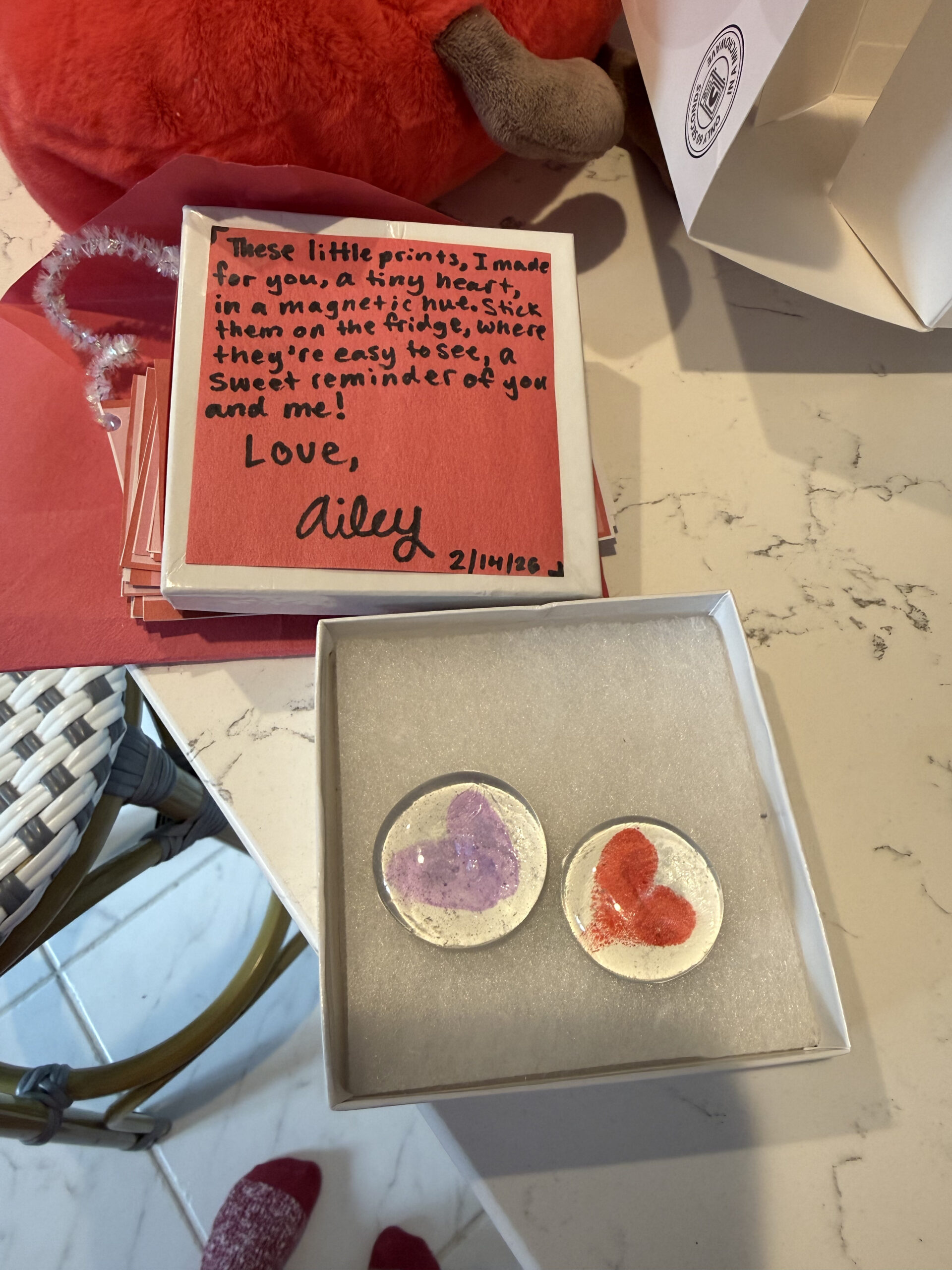 homemade finger print magnets for Valentine's Day from child