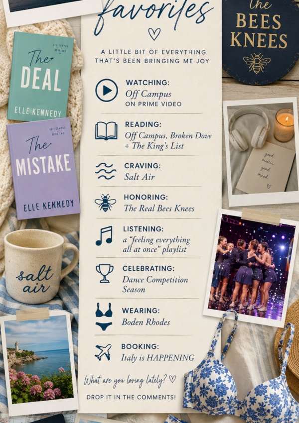 Vertical collage-style featured image for a May favorites blog post featuring books, beach vibes, dance competition season, Italy travel plans, music, and summer fashion in a cozy blue-and-white aesthetic