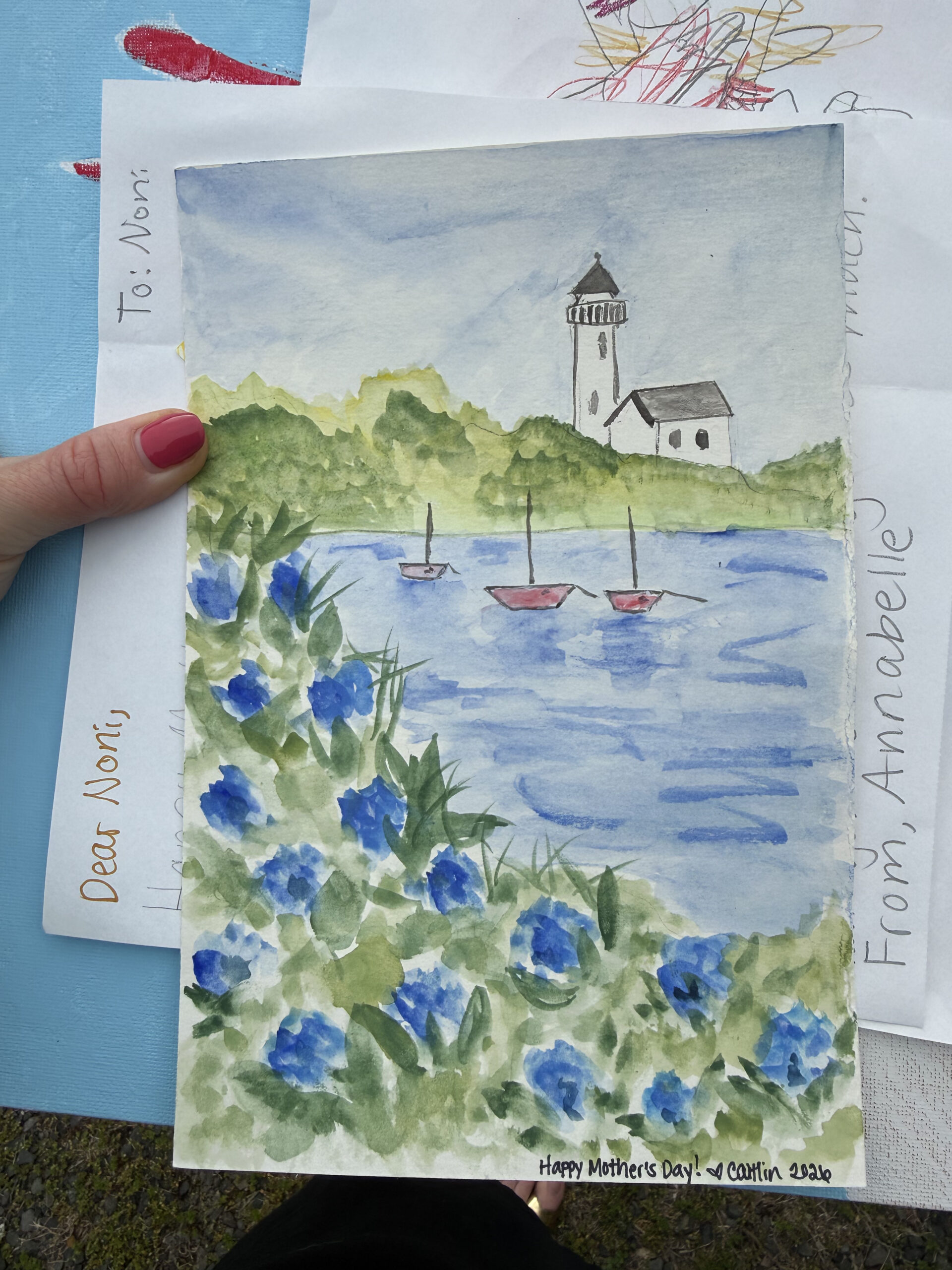 watercolor painting cape cod light house and hydrangeas