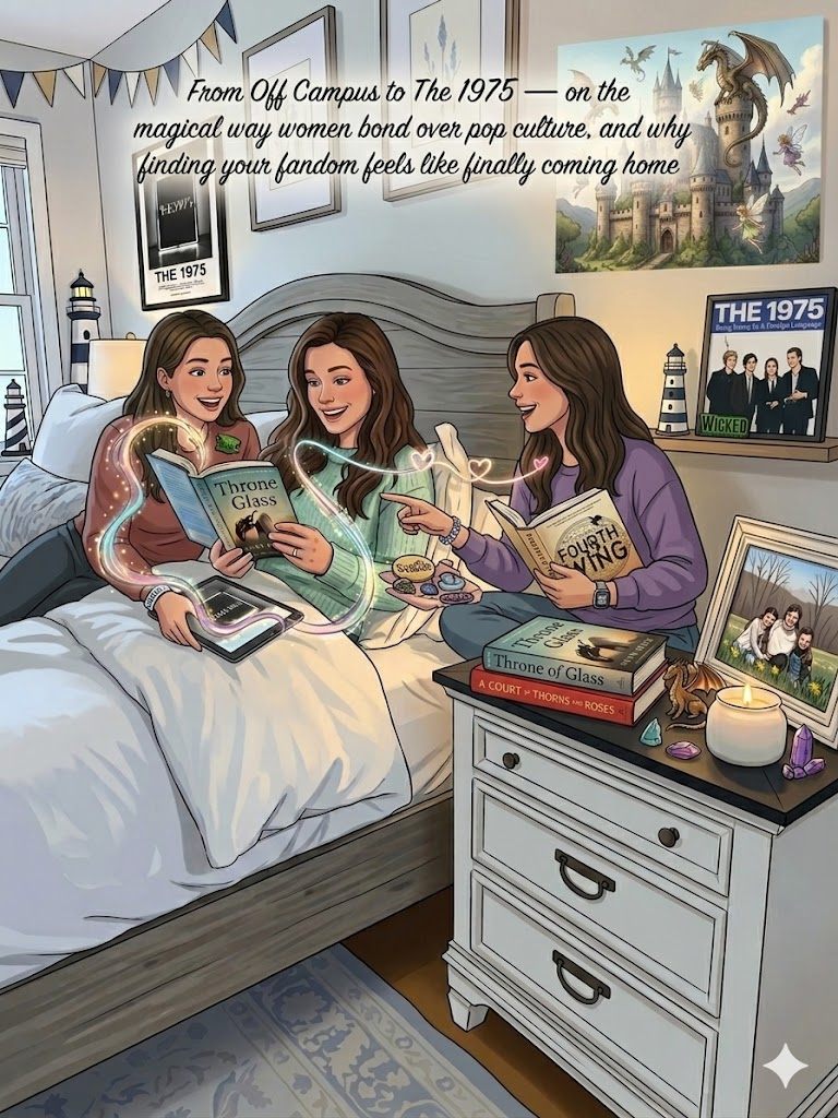 Cartoon illustration of three women laughing and bonding over books in a cozy bedroom, featuring a stack of fantasy romance novels, a "The 1975" poster on the wall, and the quote "From Off Campus to The 1975 — on the magical way women bond over pop culture" written at the top.